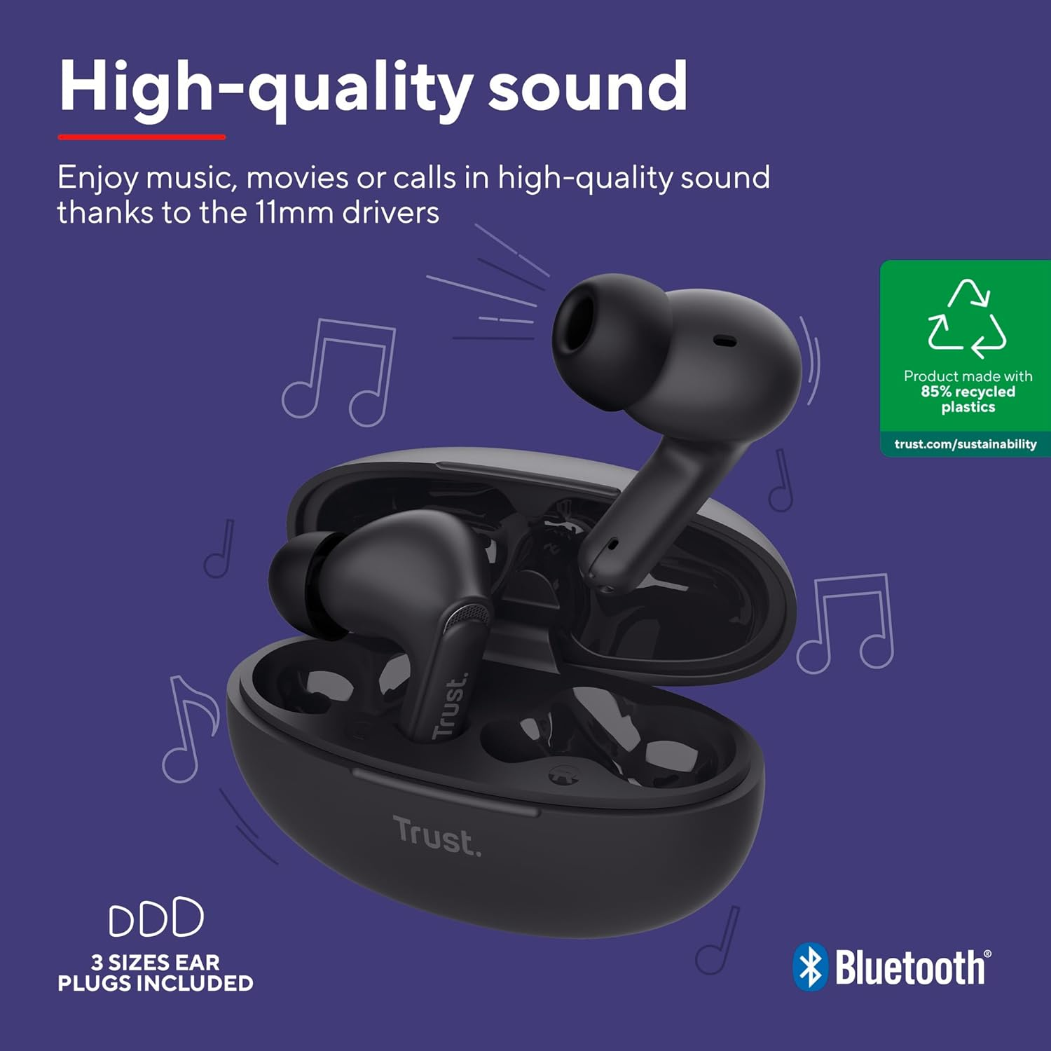 Trust Yavi In-Ear Bluetooth Headphones with 2 ENC Noise Cancelling Microphones, 23H Playtime, 85% Recycled Plastic, Earbuds Earphones Wireless Bluetooth Iphone Android Ios - Black - White image number 3