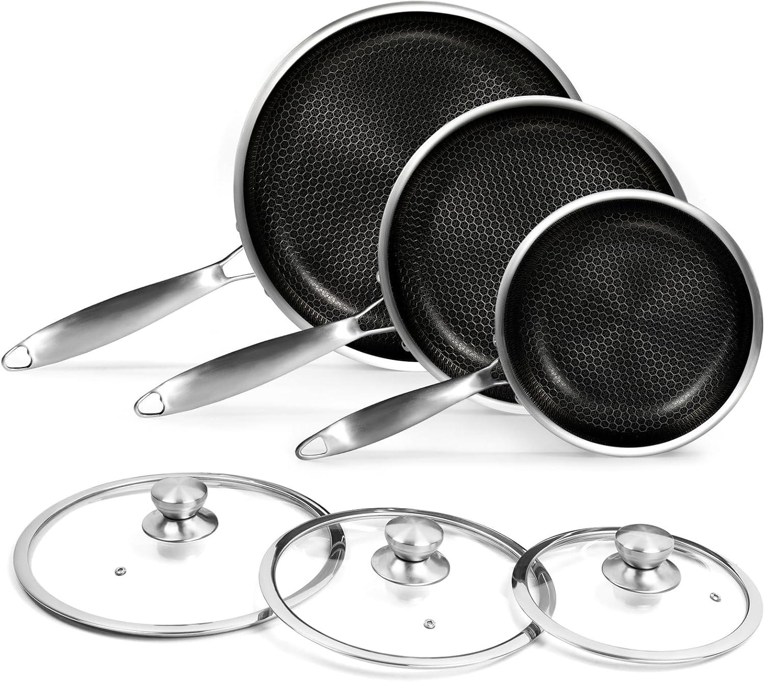 Nonstick Ceramic Frying Pan Set, 20 CM&24 CM&28 CM Stainless Steel Frying Pan Skillet W/Glass Lid, Titanium Ceramic Omelet Pans, Kitchen Cooking Pan Set, Compatible W/All Cooktops