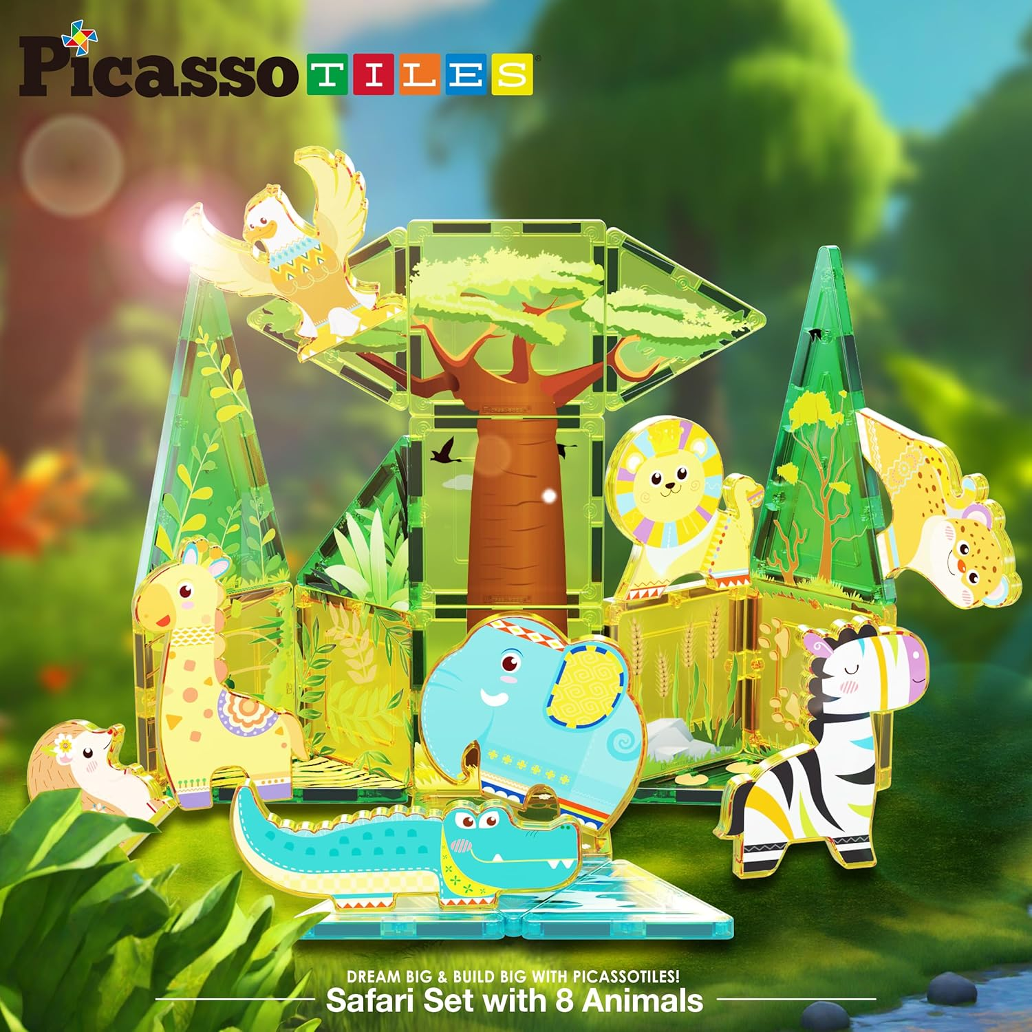 Picassotiles Magnet Tile Building Blocks Safari Themed Playset with 8 Animal Character Action Figures Magnetic Tiles STEM Learning Imaginative Play Toy Construction Set Preschool Toddler Ages 3+ PTQ22 image number 1