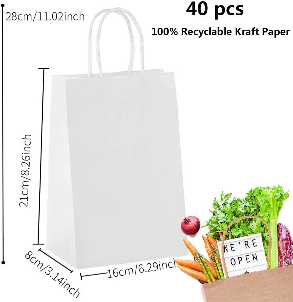 Idopick 40Pcs Kraft Paper Bags with Handles, White, 15 X 8 X 21Cm, Perfect for Business, Shopping, Retail, Party, Favor, Merchandise Bags (White) image number 2