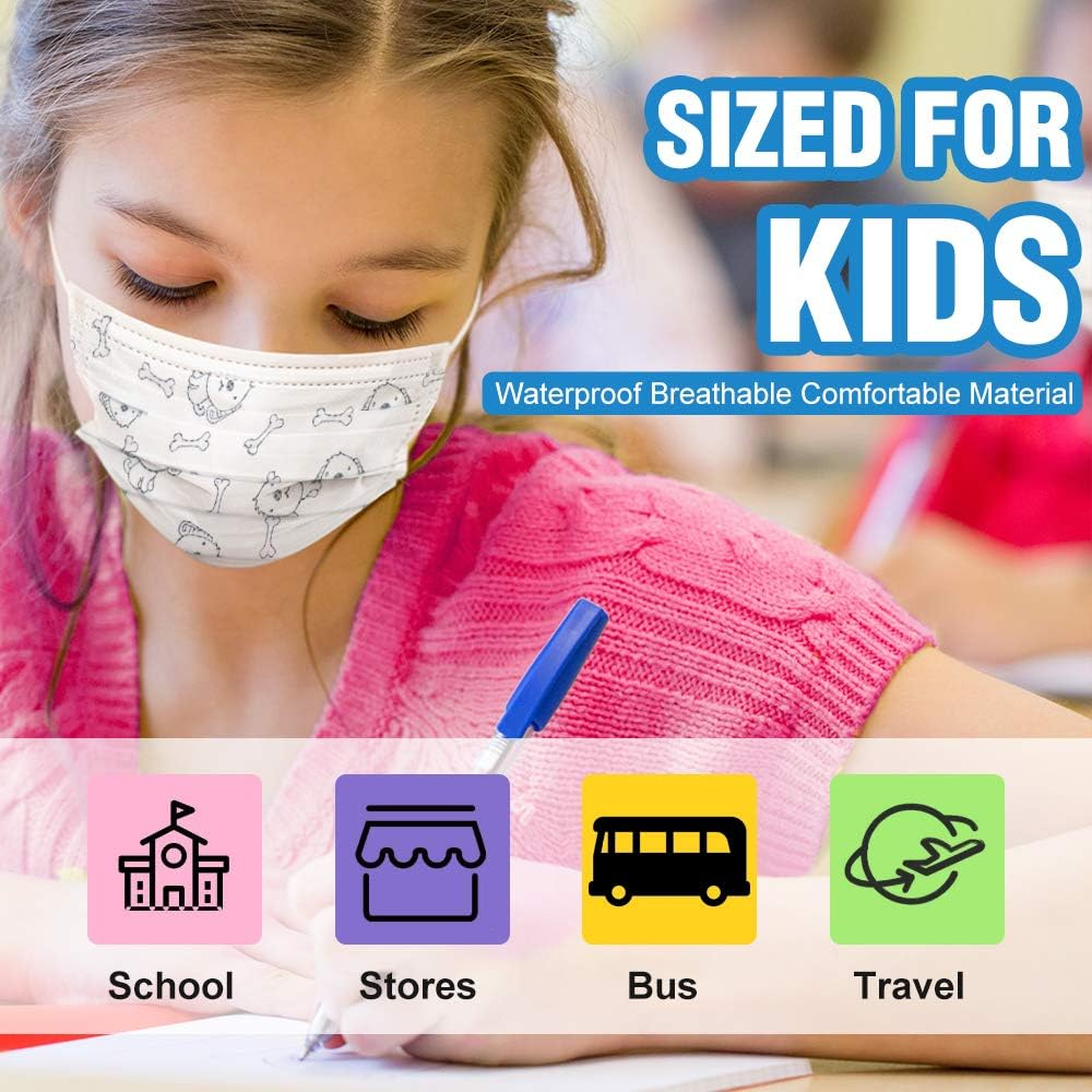 Childrens Disposable Face Mask - Flyaudio 50Pcs 3 Ply Face Mask for Kids with Earloops, Breathable Comfortable, Soft on Skin, Perfect Size Mask for Boys & Girls, White Dog image number 5
