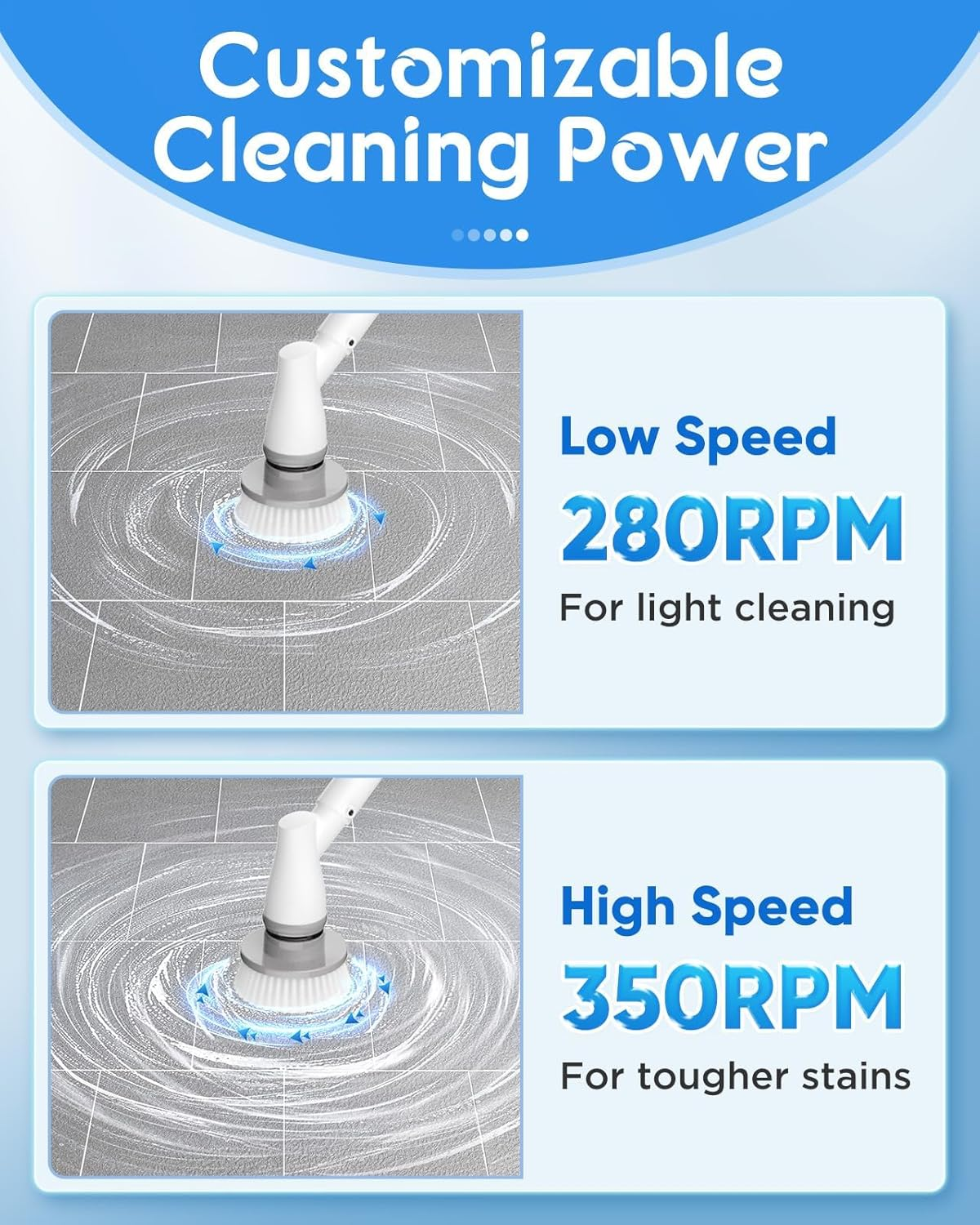 Electric Spin Scrubber with Battery Power Display, Fast-Charging Cordless Shower Scrubber with Long Handle, 4 Replaceable Brush Head, 1.5H & 2 Speeds Electric Scrubber (White) image number 6