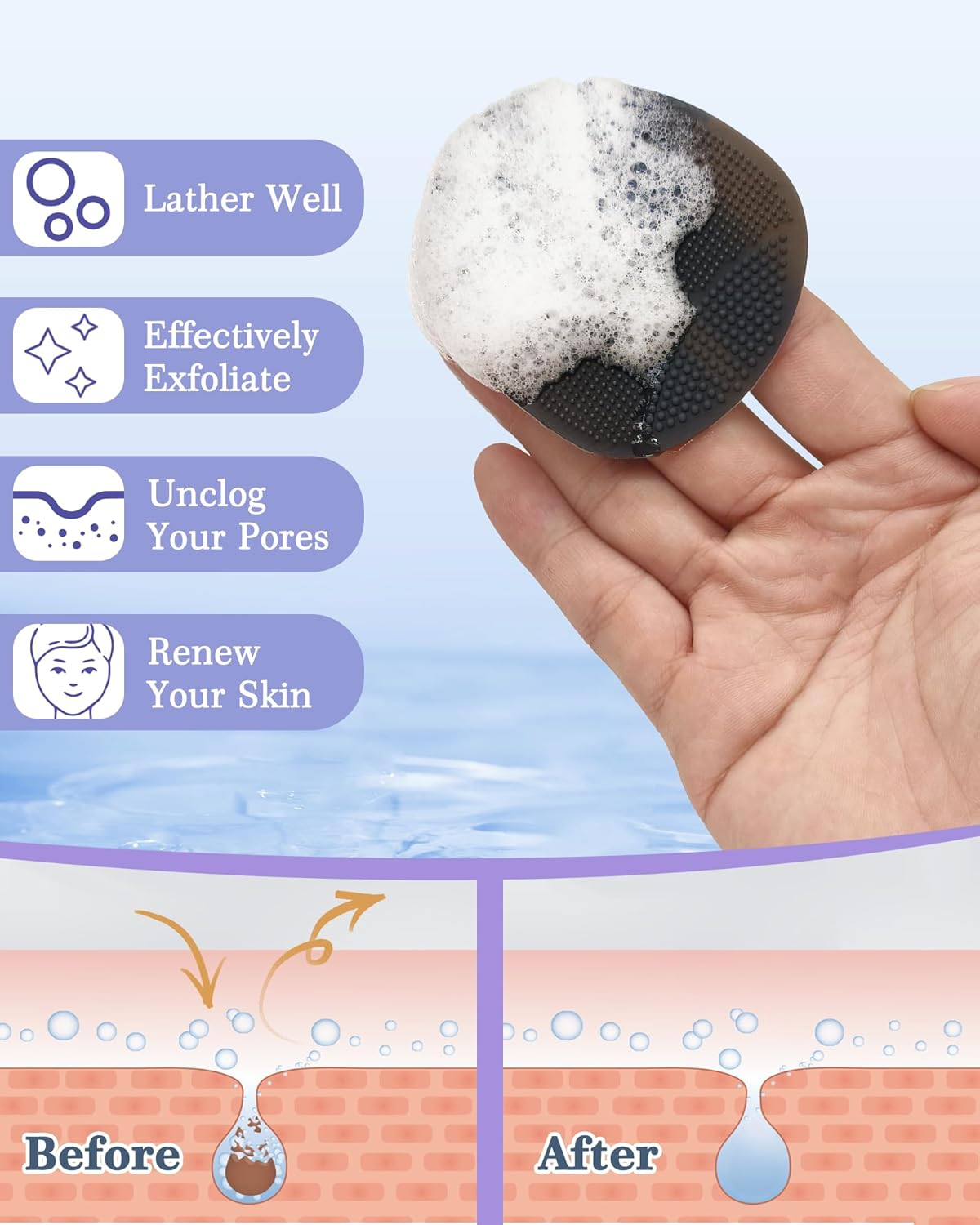 Manmihealth Silicone Back Scrubber & Soft Bath Glove Set 4 Pcs(Thick Bristles), Super-Exfoliating Body Scrubber & Super-Lathering Shower Brush Combination, with 2 Free Hooks (Black) image number 5