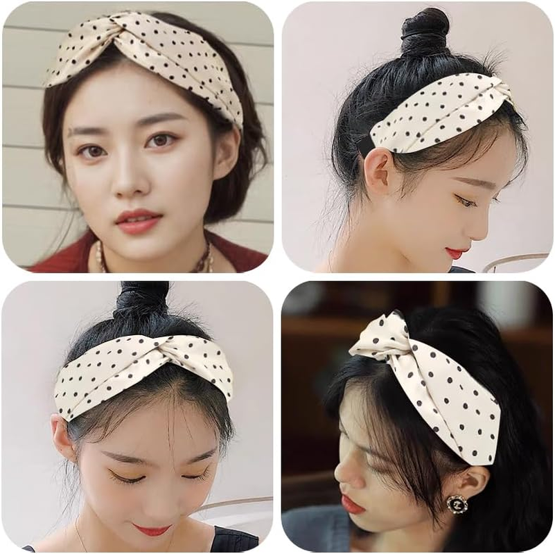 Polka Dot Headband Top Knot Headband for Women Polka Dots Head Band Wide Knotted Headbands for Women Girls Polka Dot Hairband Fashion Beige Hair Accessories - Beige image number 4