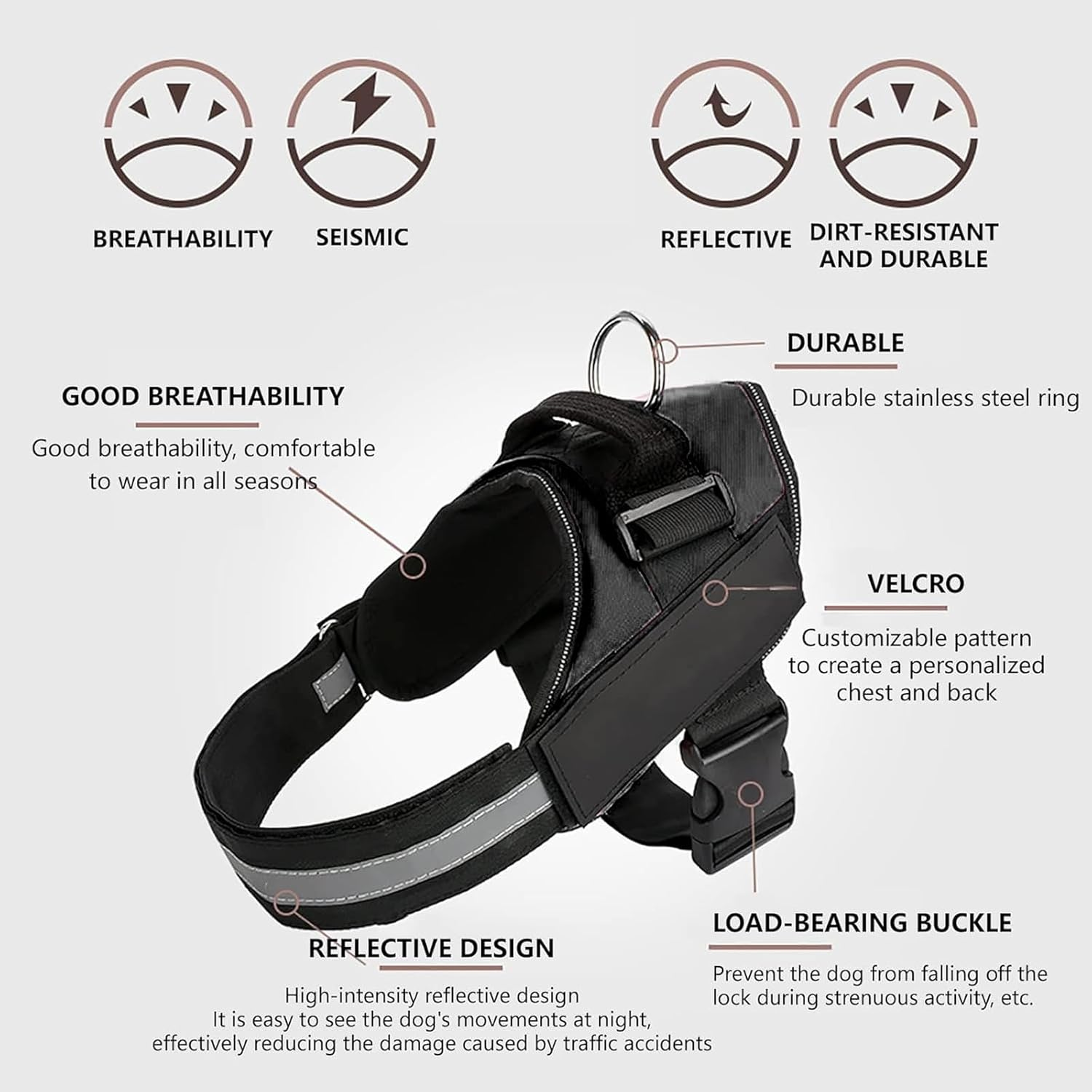 AIMALL Adjustable Service Dog Vest, Heavy-Duty Nylon Harness with Reflective Safety Straps, Soft Lining, Breathable, Sizes M-XL, 23.6-35.4In Chest - Black-L image number 7