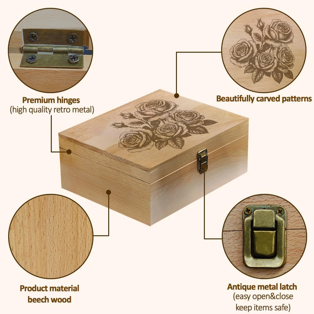 Arricraft 1 Pc Wooden Memory Keepsake Box, Sketch of a Rose Bush Pattern Storage Decorative Memory Wooden Box with Hinge Lids for Photos Dvds Letters Holding 24.5X19.5X10.3Cm