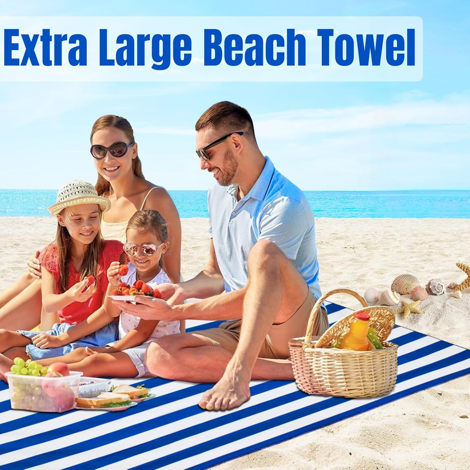 Microfibre Oversized Beach Towel - JOMWEN 180 &times; 90 Cm Quick Dry Striped Pool Towel, Beach Accessories, Extra Large Soft Lightweight Compact Beach Towels with Net Bag for Men Women (Blue, 1 Pack) image number 6