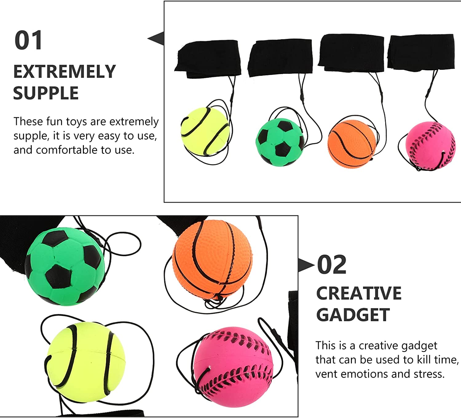 STOBOK 4Pcs Sports Wrist Balls Rubber Bouncy Ball Basketball Baseball Football Tennis Return Ball Elastic String Wristband Ball for Kids image number 1