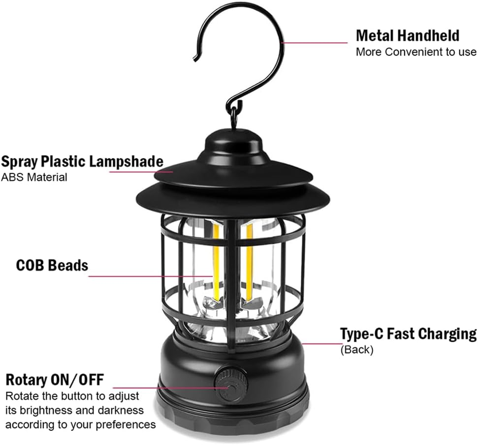 Camping Lanterns Rechargeable, Portable Electric LED Camping Lights Outdoor Hanging Tent Light Vintage Tabletop Lantern Decor Stepless Dimming Waterproof for Camping, Power Outages, Indoor (Green)