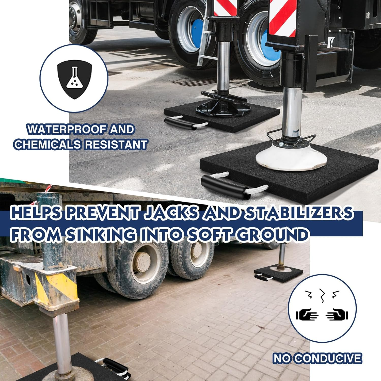 2 Pcs Rv Jack Blocks Pads Stabilizing Outrigger Pads Rv Leveling Stackable Waterproof Handle for Tow, Service Truck, Trailer, Crane, Wrecker Landing Gear, Black (8 X 8 X 0.7 Inches) image number 2