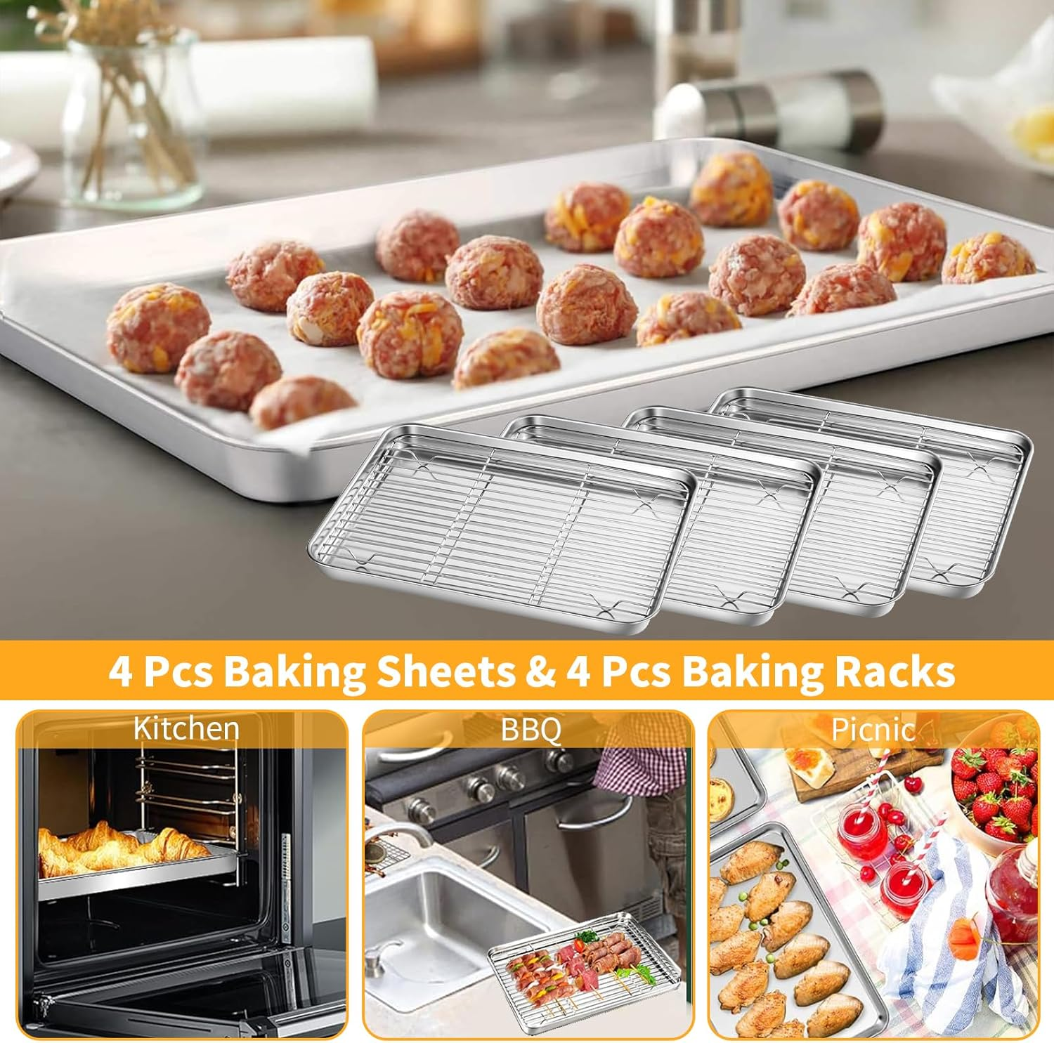 4 Pcs Baking Sheets & 4 Pcs Baking Racks, Oven Baking Pans, Stainless Steel Baking Pan Cookie Sheet with Cooling Rack, Sheet Oven Tray & Cooling Grid Rack Rust Warp Resistant Nonstick (23*17*2.5CM)