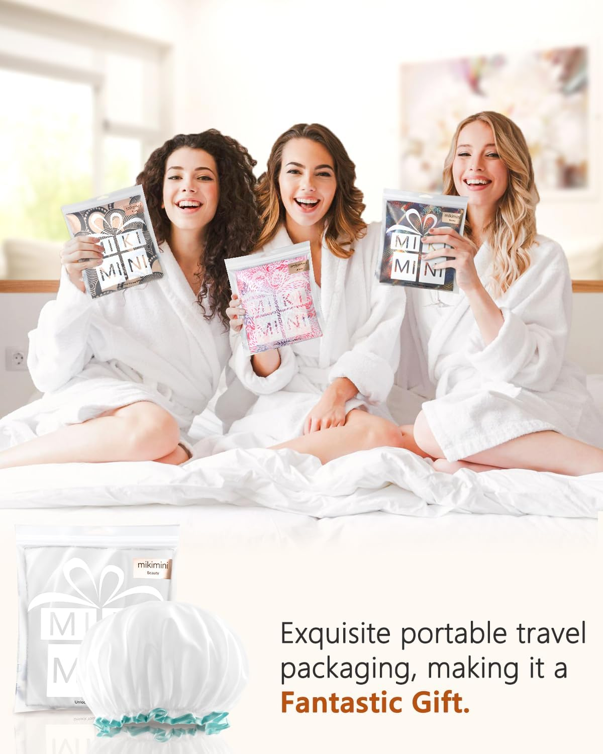 Mikimini Shower Cap for Women and Girls,Reusable,Waterproof, Washable, Cute and Soft,White image number 2