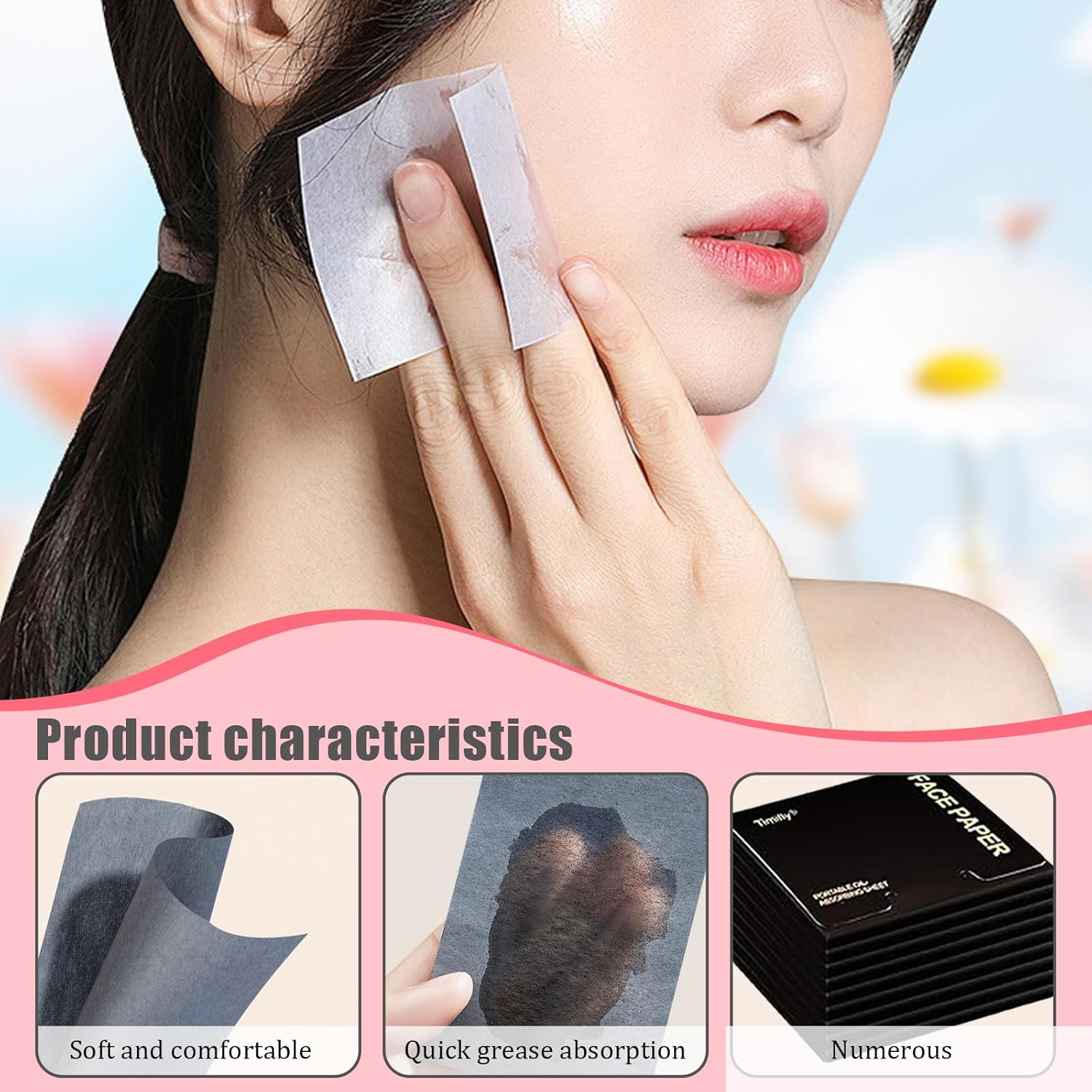 Sgphrzlt 1000Pcs Oil Blotting Absorbing Sheets for Face with Puff & Mirror, Powerful Makeup Blotting Absorption Paper for Oily Skin, Oil Control Film Absorbent Pad Wipes for Face, Black - Pink image number 7