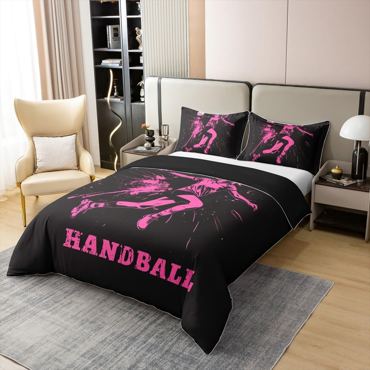 Homewish Ball Games Cotton Duvet Cover Set for Children Boys Girls Handball Bed Linen 155 X 220 Cm Ink Splash Graffiti Black Pink Bedding Set Bed Set Room Decor Soft 2-Piece image number 4