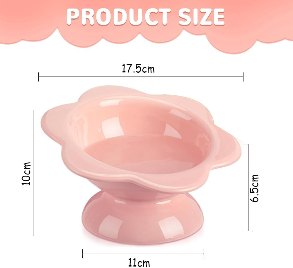 2 Piece Ceramic Cat Bowl, Flower Shaped Cat Food Bowl, Raised Slanted, Protect Spine, Suitable for Cats, Puppies, Rabbits, Small Animals (Pink, Yellow) image number 1