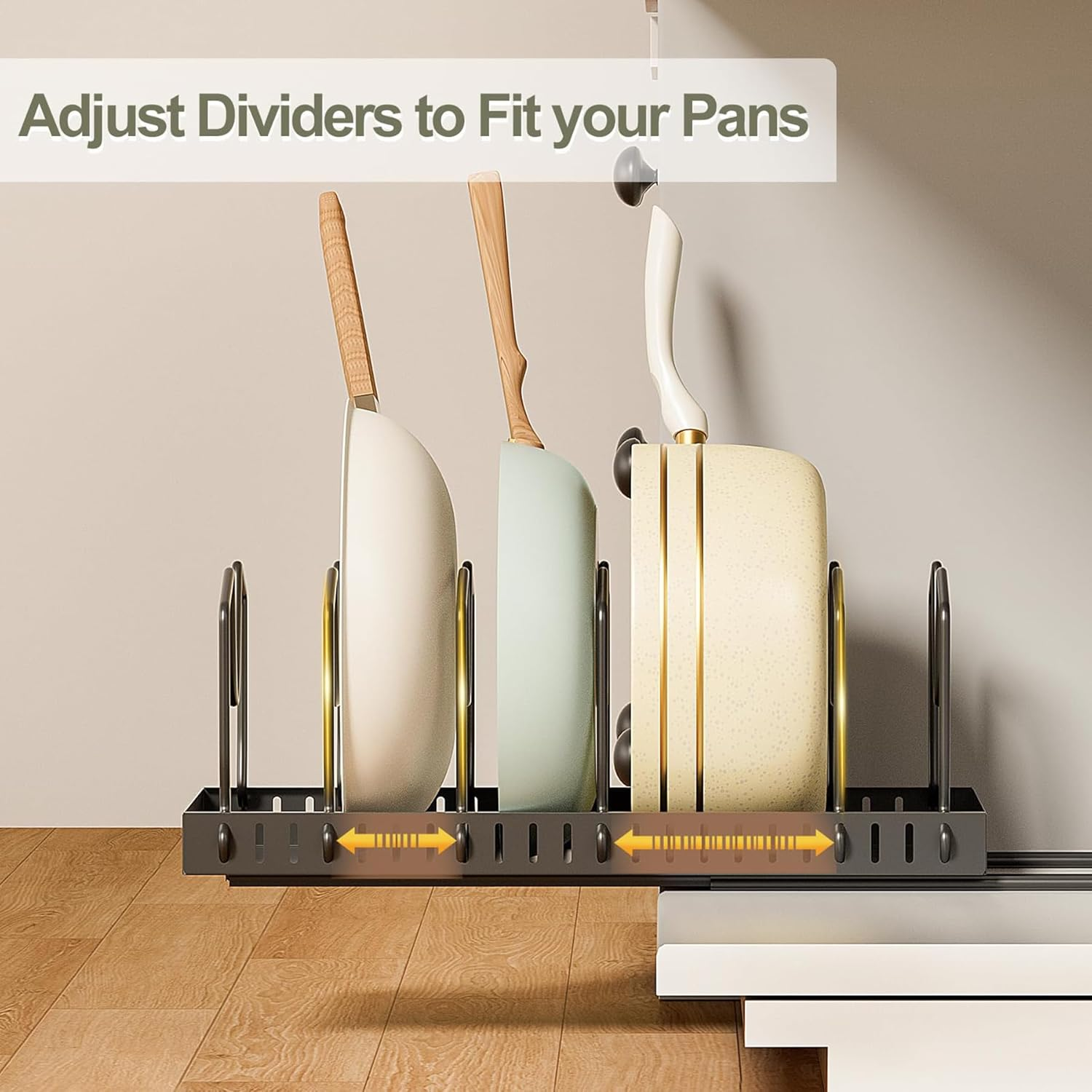 FORYUSE 2 Pack Pull Out Pots and Pans Organiser under Cabinet Sliding Lid Holder Rack Slide Out Bakeware Dishes inside Cabinet Kitchen Storage 8 Adjustable Dividers image number 4