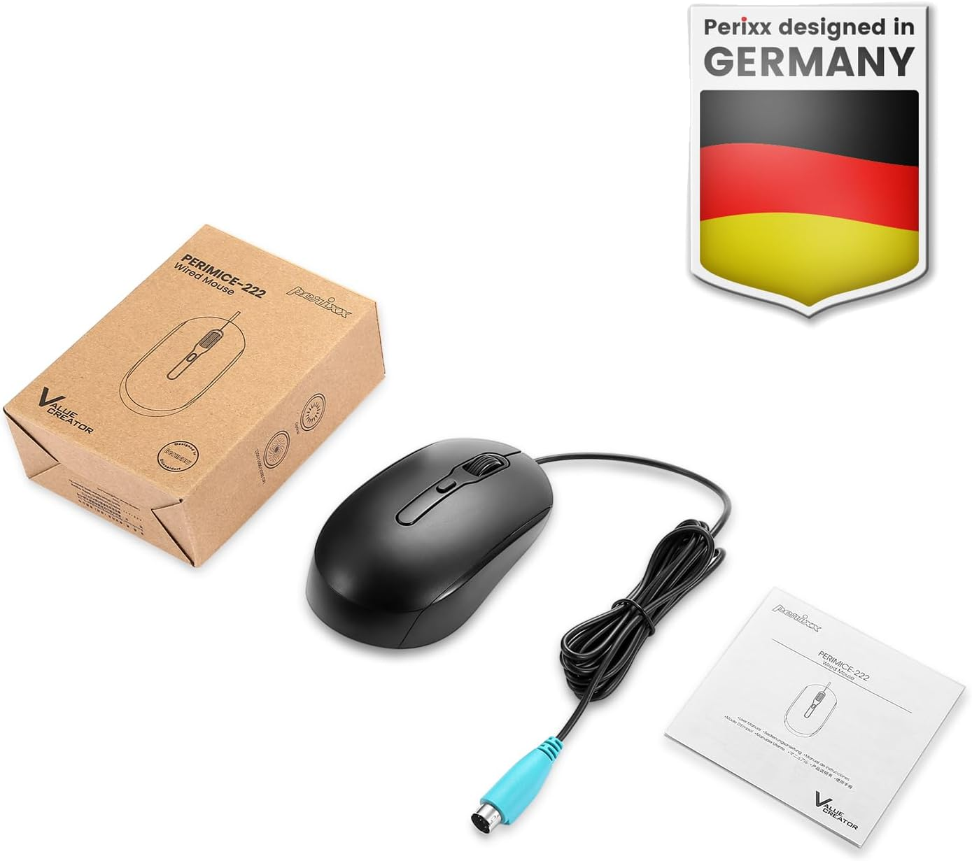 Perixx PERIMICE-222PB Wired PS/2 Optical Mouse - Long 5.9 Ft Cable - Optical 1200/1600/2000 DPI Design - Black