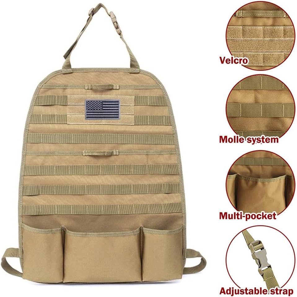 Car Seat Back Organizer, Tactical Molle Nylon Vehicle Panel Universal Fit Car Backseat Cover Protector (Olny Tan Molle Seat Organizer) - Green image number 7