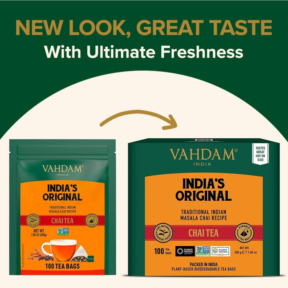 VAHDAM, India'S Original Masala Chai Tea Bags (100 Count) Non GMO, Gluten Free, No Added Flavoring | Blended W/Savory Exotic Spices | Whole Loose-Leaf Tea Bags | Resealable Ziplock Pouch image number 1