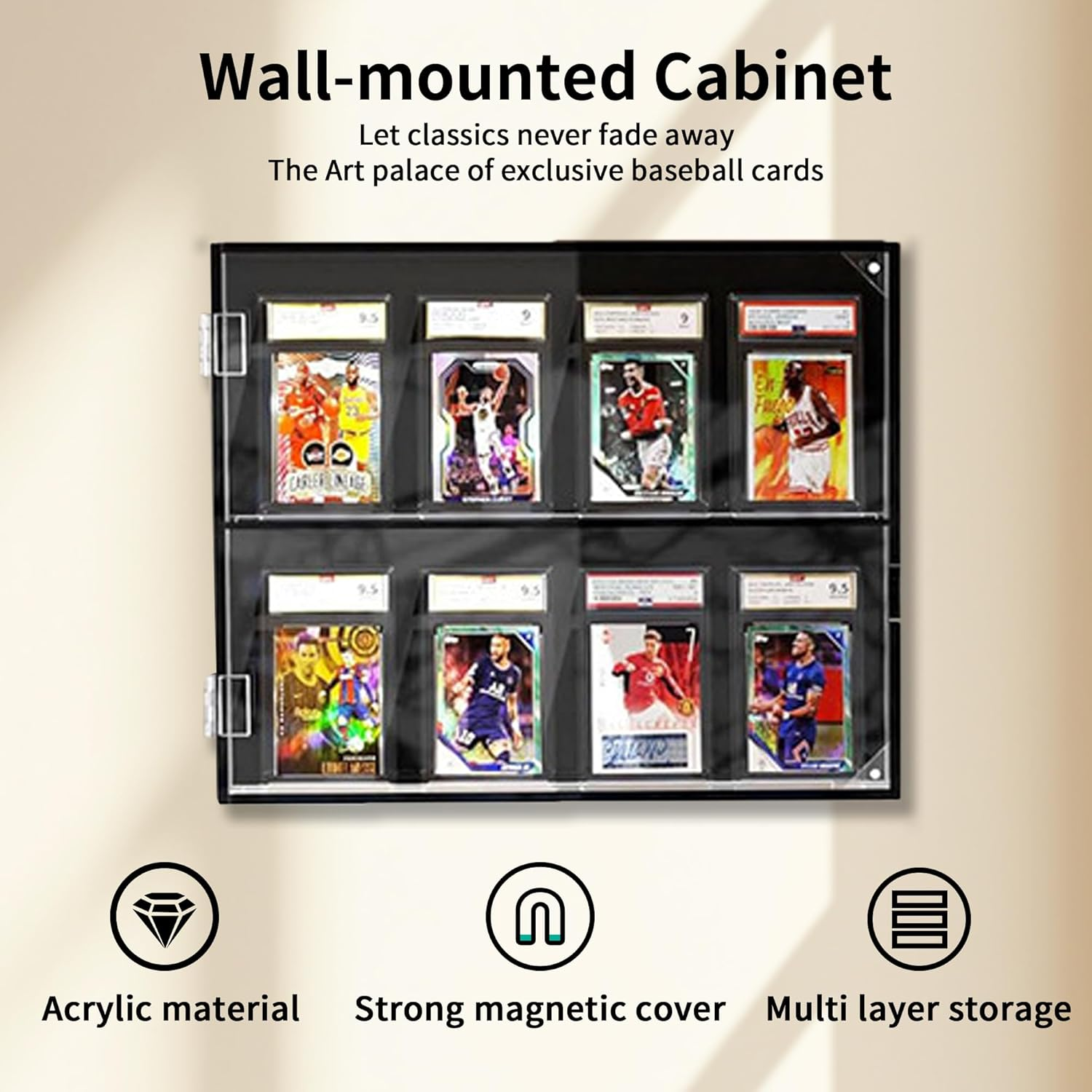 Acrylic Display Case - Wall-Mounted Trading Card Holder with Magnetic Door, Organizer Frame for Trading Cards, Graded Cards, Basketball, Football, Baseball, Sports Card, Vertical image number 3