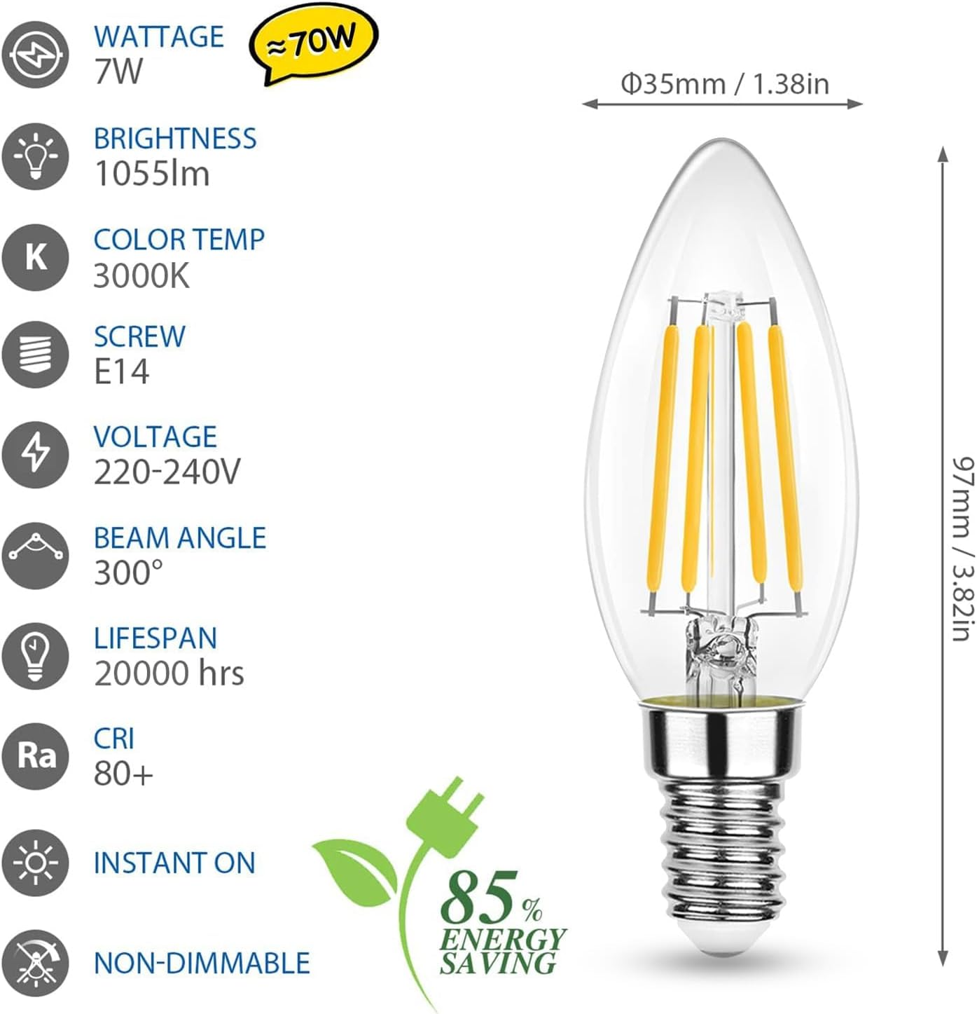 FEILEMAN E14 LED Light Bulbs 7W, Small Edison Screw Candle Bulb for Chandeliers, Super Bright 1055LM 3000K, Replaces 70W Halogen Bulbs, Classic Filament, Non-Dimmable, 6-Pack image number 6