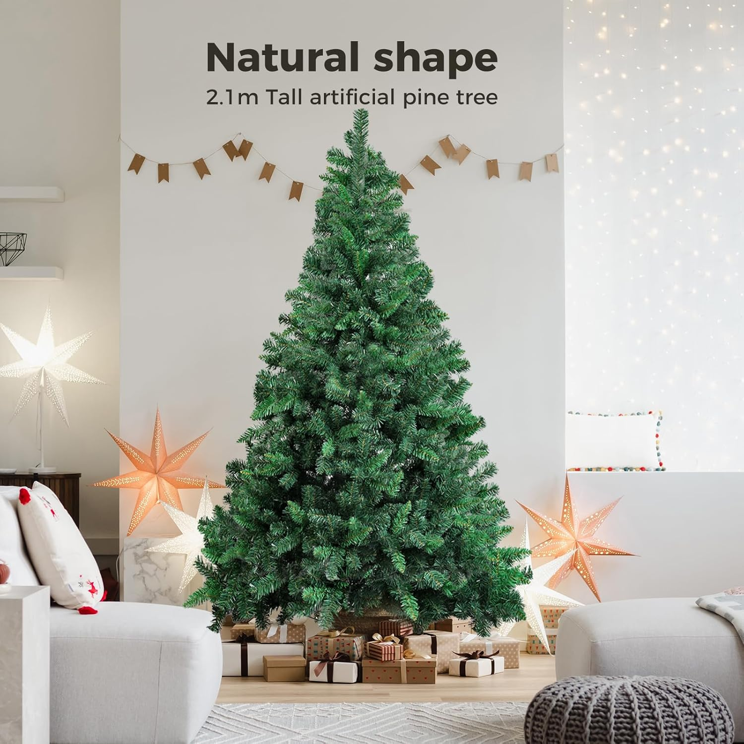 SANTACO 2.1M Atificial Christmas Tree,7Ft Xmas Fake Pine Trees,Indoor Outdoor Holiday Decor,For Home Office School Mall Park Holiday Green Decoration,Metal Stand,Easy Assembly image number 1