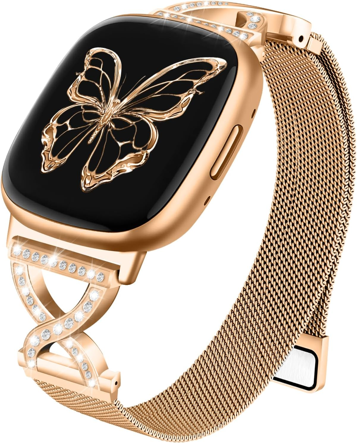 HAYONLIY X-Shape Diamond Metal Band Compatible with Fitbit Versa 4/Fitbit Versa 3/Fitbit Sense 2/Fitbit Sense,Stainless Steel Magnetic Mesh Adjustable Strap for Women