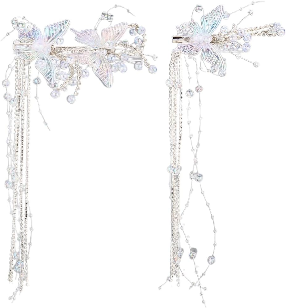 CABODYALS Set of 2 Butterfly Tassels Hair Clips with White Pearls Rhinestone Crystal Beads Decorative Hair Pins for Weddings Hair Clips Jewellery Set for Women Bridal Shower Wedding Dresses Cosplay image number 6