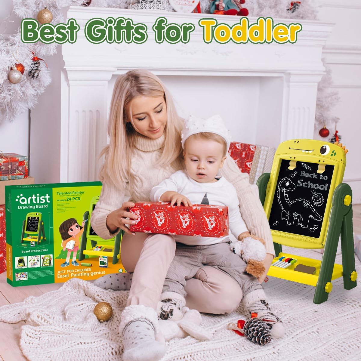 Qizebaby Kid Easel，4 in 1 Rotatable Double Sided for Kids，Adjustable Standing Toddler Toy with Magnetic & Chalk ，Dinosaur Toy for Baby 3 4 5 6 Years Old Boys & Girls image number 4