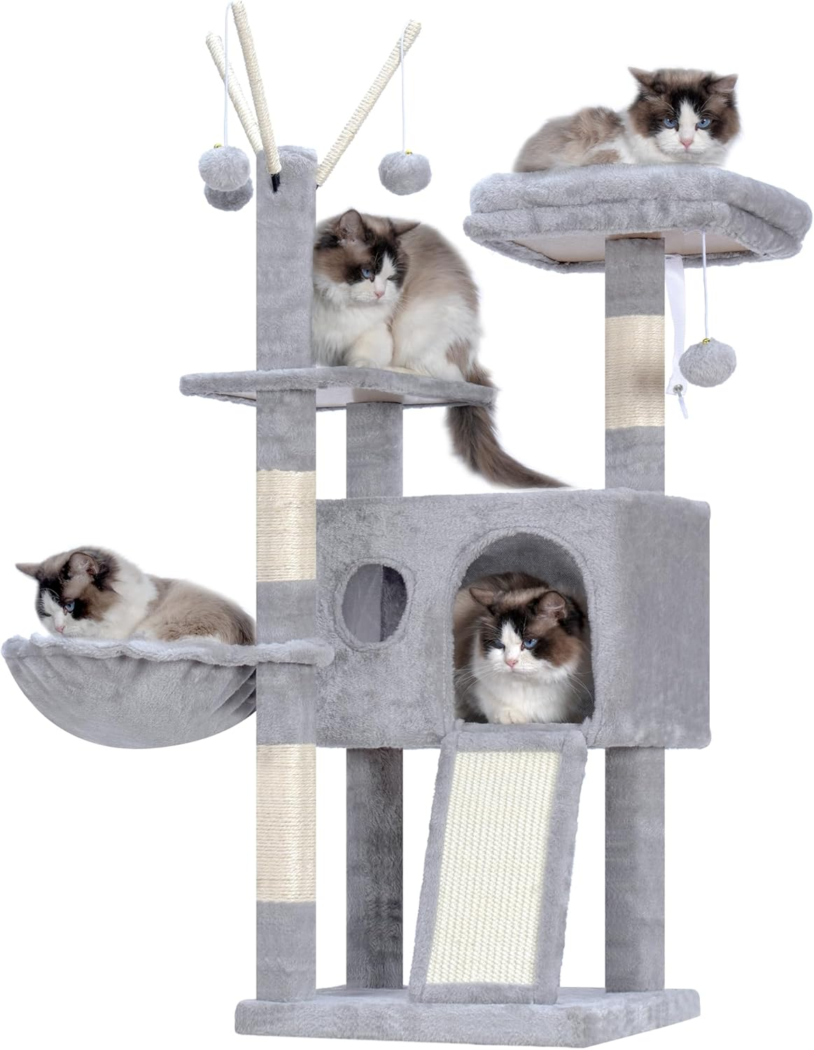 Hey-Brother Cat Tree Tower, Scratching Posts with Removable Toys, Cozy Condo, Platform, Hammock, Sisal Scratch Board and Ball for Indoor Kittens, 105 Cm, Smoky Gray MPJ008SG