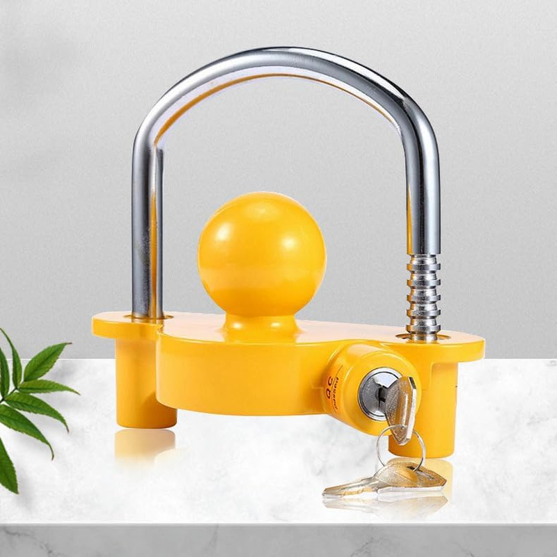 Universal Ball Coupler Yellow Coupler Lock Trailer Hitch Security Adjustable Lock for Enhanced Caravan Security, Curved with 2 Keys, Fits Fits 1-7/8",2&rdquo;, 2-5/16" Coupler