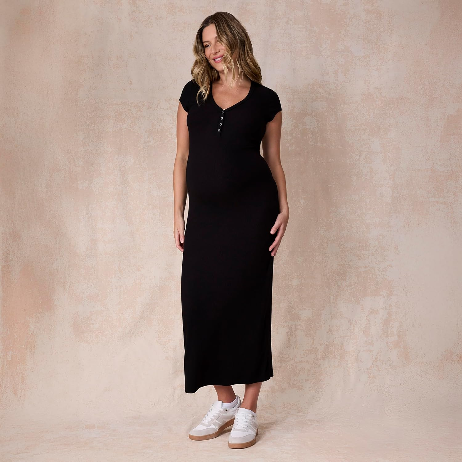 Motherhood Maternity Women'S Short Sleeve V-Neck Henley Rib Knit Bodycon Maxi Pregnancy Dress image number 3