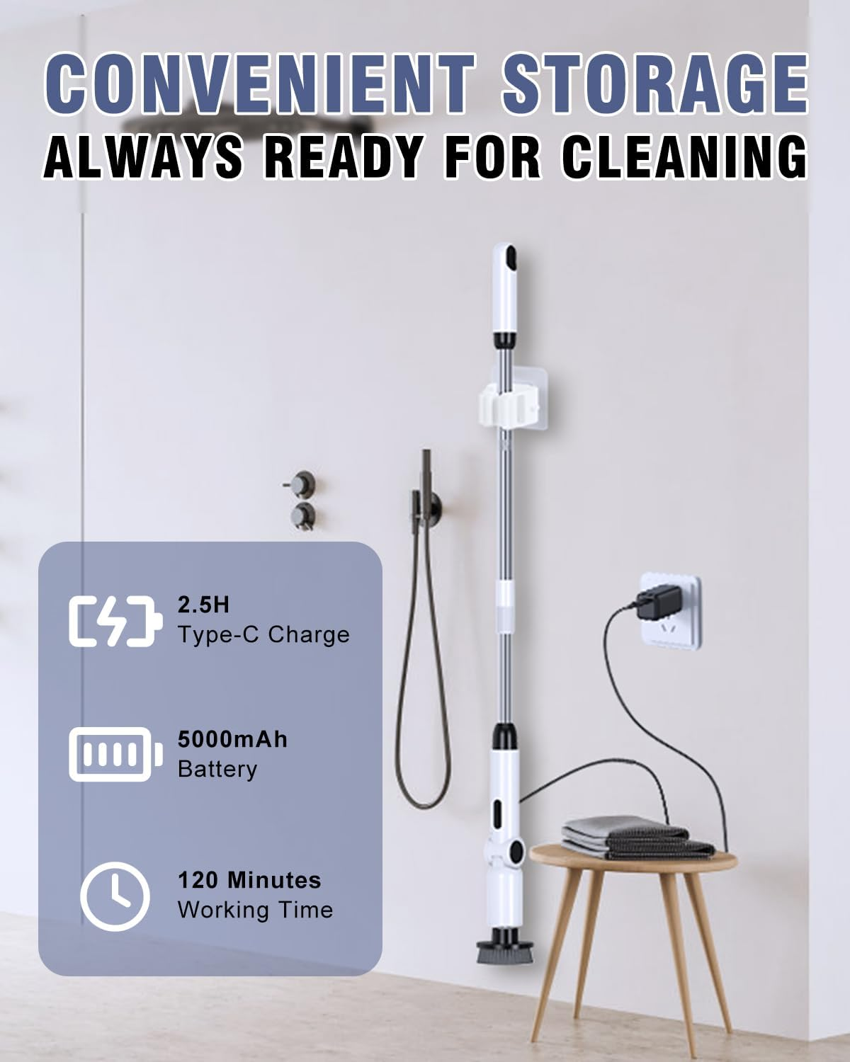 Electric Spin Scrubber, [4 Adjustable Angles] [Battery Display ] Homtronics Cordless Power Scrubber with 8 Replaceable Brush Heads, 450RPM Electric Cleaning Brush for Bathroom, Floor, Tile, Car-White image number 1