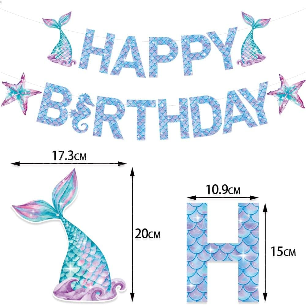 Mermaid Happy Birthday Banner Cake Toppers Hanging Swirls Cupcake Toppers under the Sea Little Mermaid Themed Birthday Decor for Mermaid Princess Birthday and Shower. image number 4