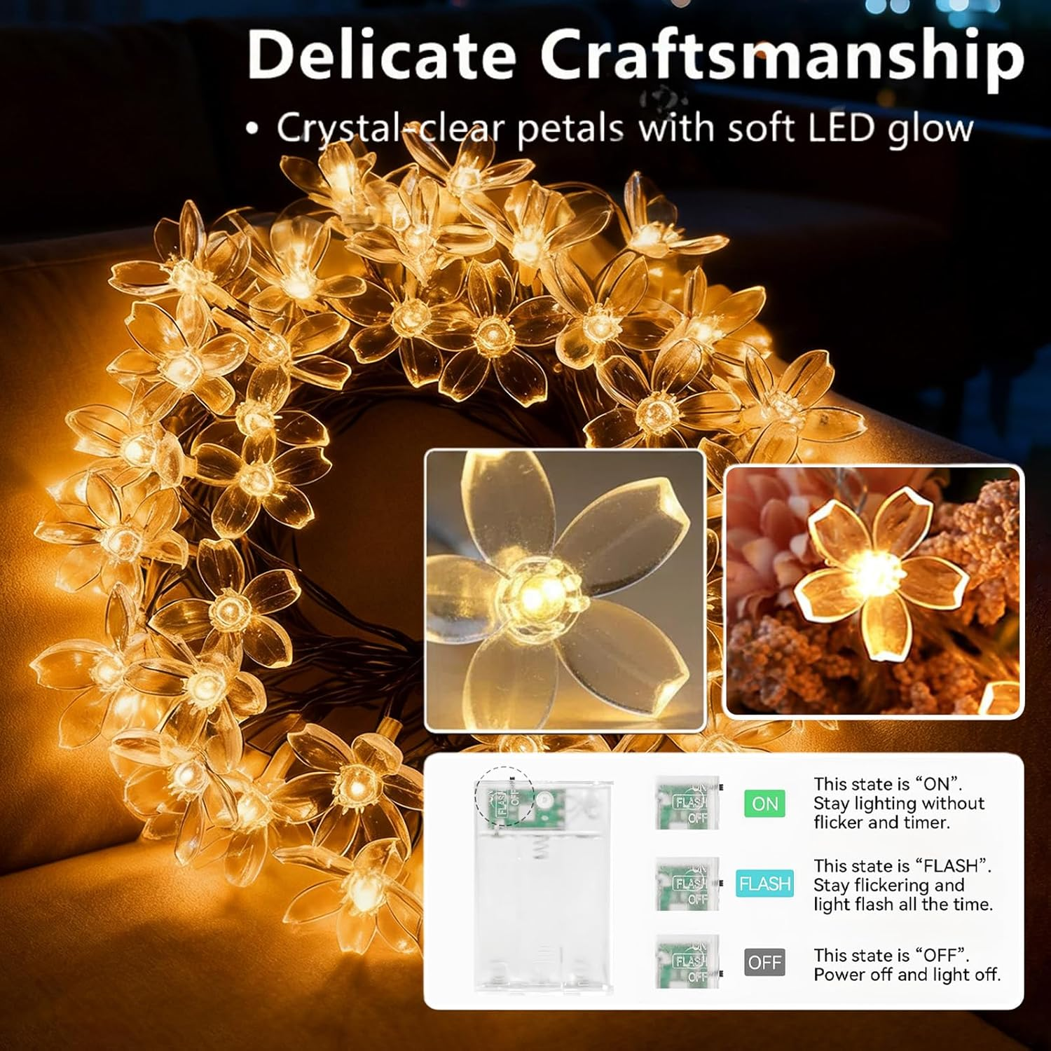 Jeyzuroa 6M 40 LED Battery Operated, Waterproof Indoor Outdoor Fairy Lights, Warm White for Garden, Wedding, Party Decoration(Battery Not Included)