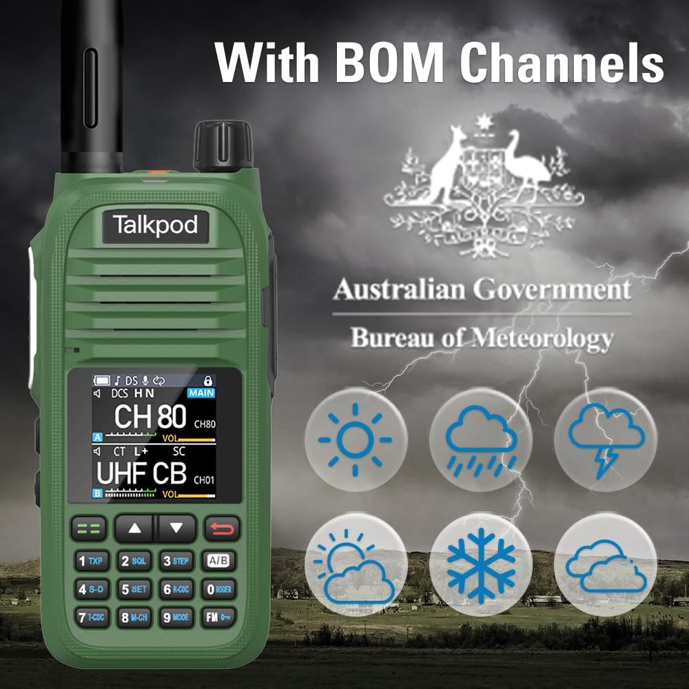 Talkpod A36SE 5Watt Handheld UHF CB Radio Twin Pack, 80 Channels, 1500Mah Battery, IP54, CTCSS/DCS, Dual Watch (Green) image number 1