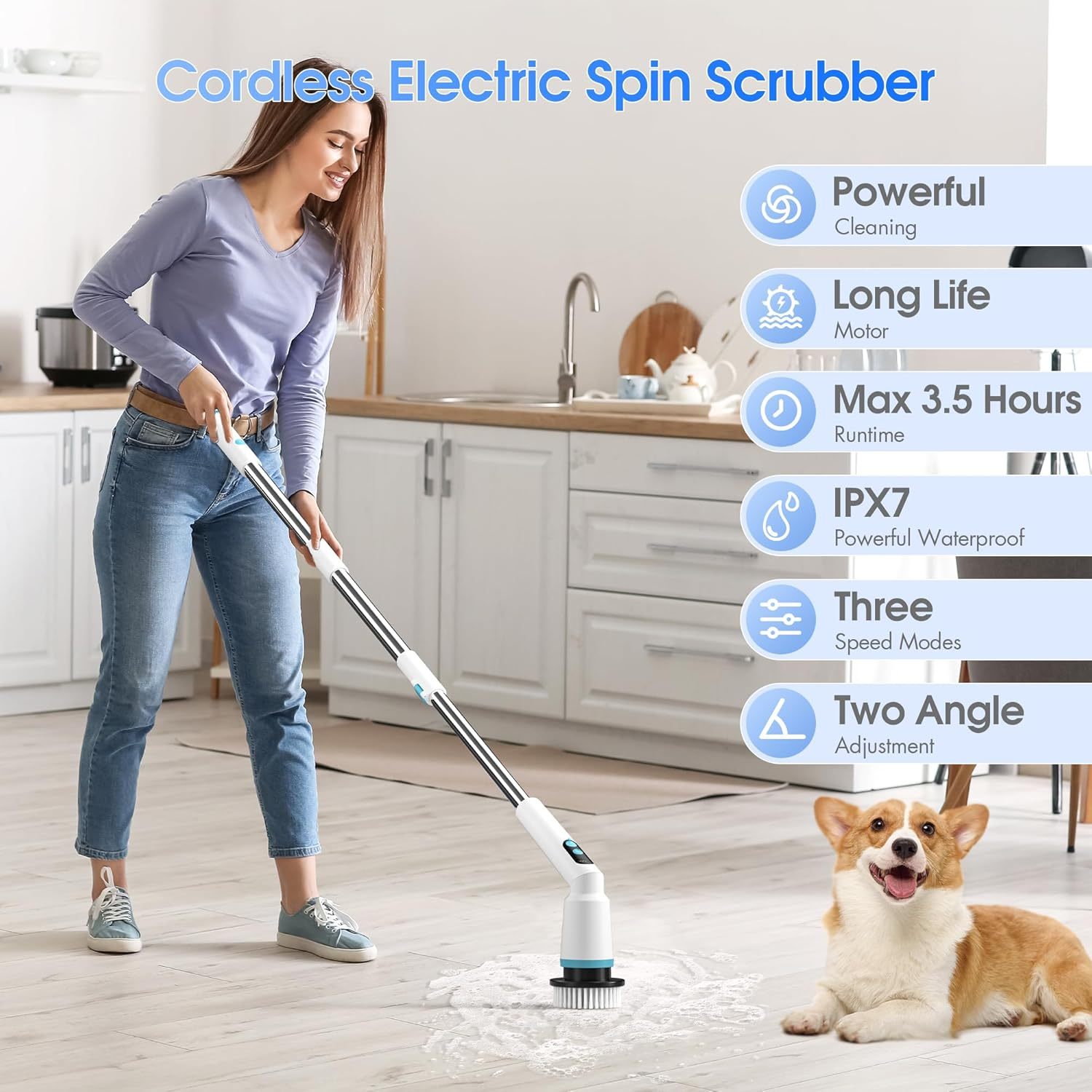 Kliburash Electric Spin Scrubber with Remote Control, IPX7 Cordless Cleaning Brush with 8 Brush Heads, 2 Adjustable Angles, Long Handle Power Scrubber for Bathroom, Shower,Bathtub,Floor-White image number 3