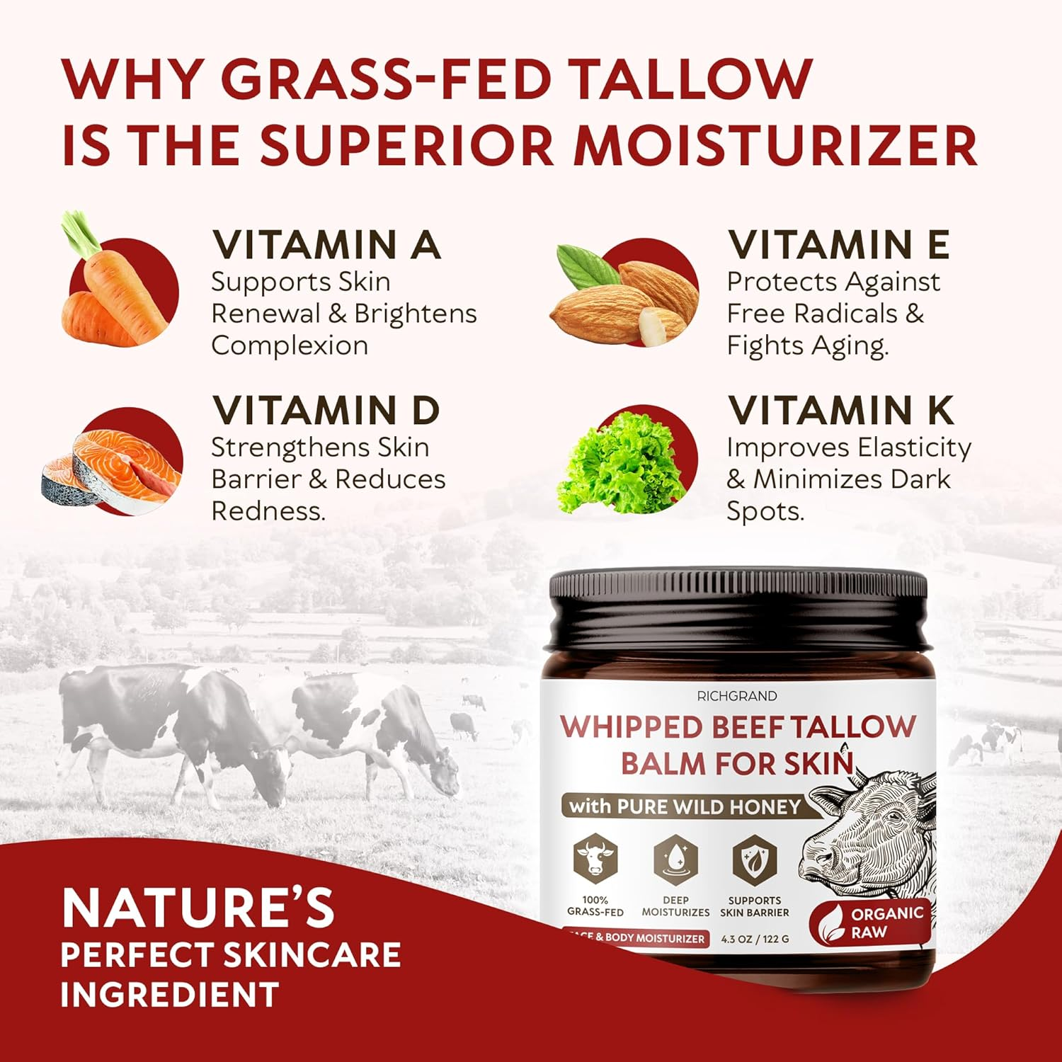 Beef Tallow for Skin - Whipped Grass-Fed Moisturizer with Wild Honey & Beeswax, Natural Face & Body Care, Deep Hydration, Anti-Aging, Sensitive Skin Safe, 100% Organic Balm (4.3 Ounce (Pack of 1)) image number 5