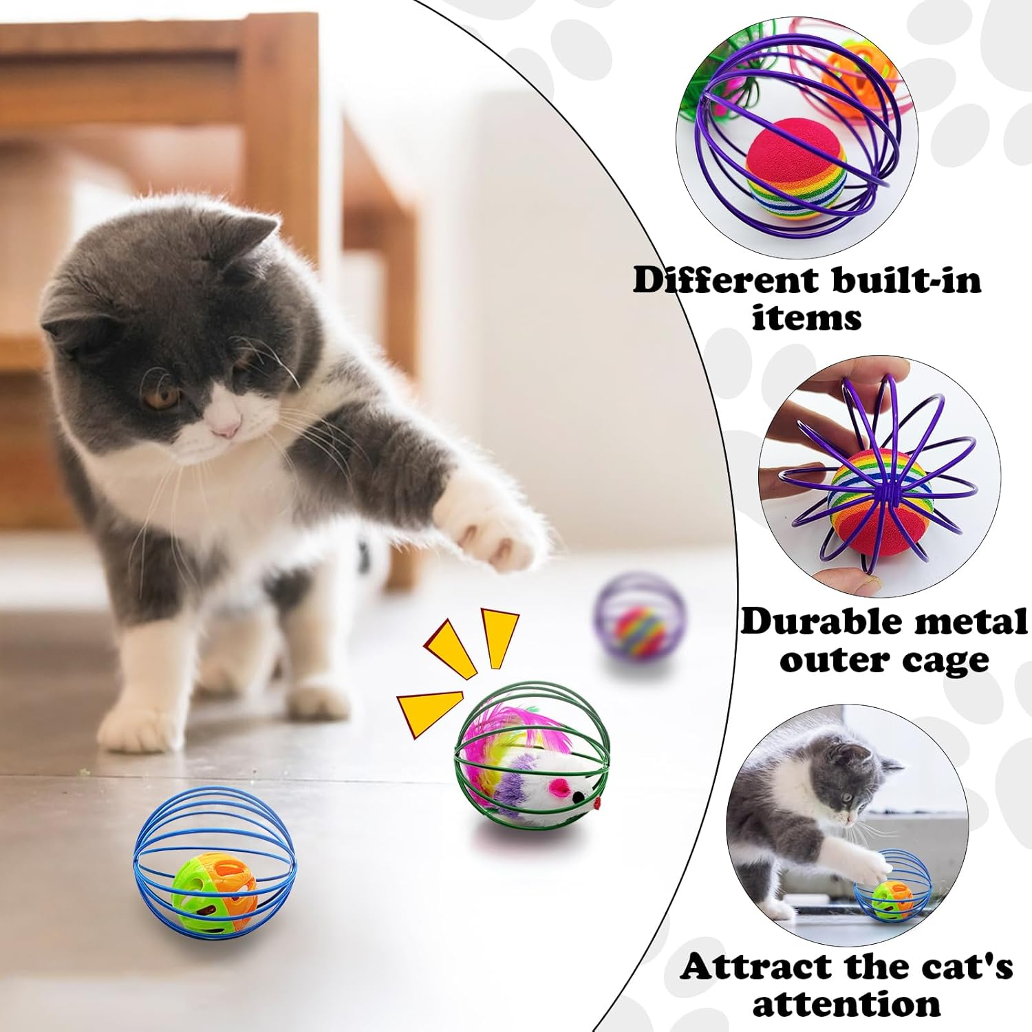 Andiker 6 Pieces Cat Spring Toy, 2.1 Inch Colourful Cat Spring Balls with Mice & Bell Ball & Rainbow Ball Metal Cage Balls Spring Cat Toy for Cat Kicking Exercise (Random Colour 1) image number 2