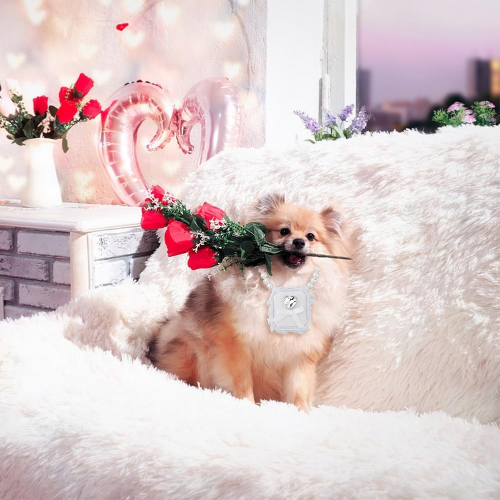 SUPERFINDINGS Pearl Cat Collar White Velvet Ring Box Wedding Dog Collar with Ring Box Cat Wedding Ring Holder with Pet Collar Rhinestone Couple Ring Bearer Box for Proposal Engagement Wedding 13Inch image number 4