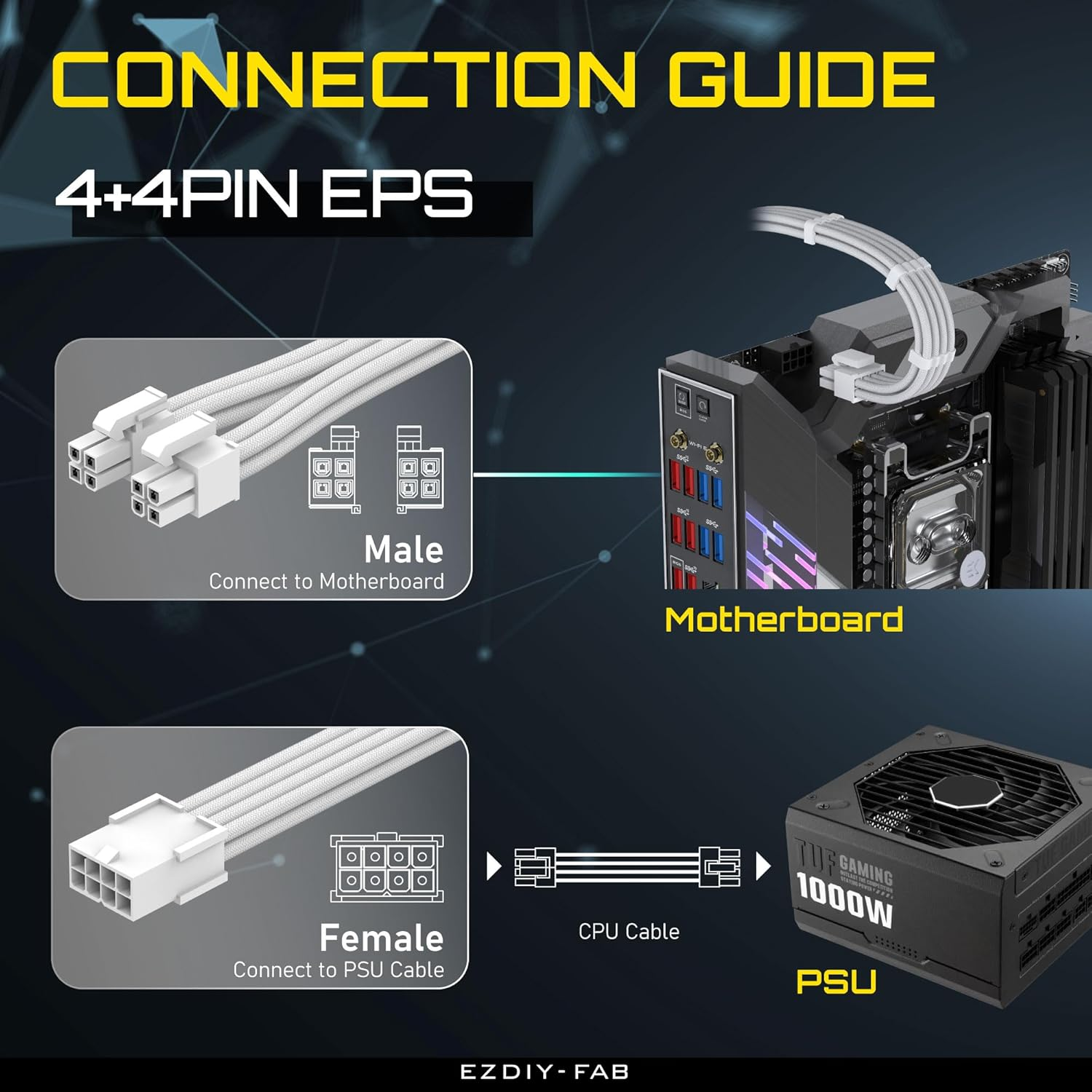 EZDIY-FAB EPS 8-Pin Female to CPU 8-Pin (4+4) ATX 4 Pin Male Power Supply Adapter Extension Cable for Motherboard 11.8 Inch (30 Cm)-All White image number 2