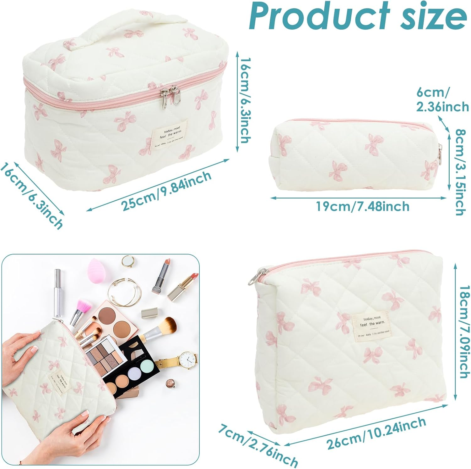 DJAPWPX 3 Pcs Makeup Bag, Cotton Quilted Cosmetic Bag, Cute Travel Makeup Pouch, Multifunctional Cosmetic Pouch Set for Women Girls Ladies (Pink) - Pink image number 2