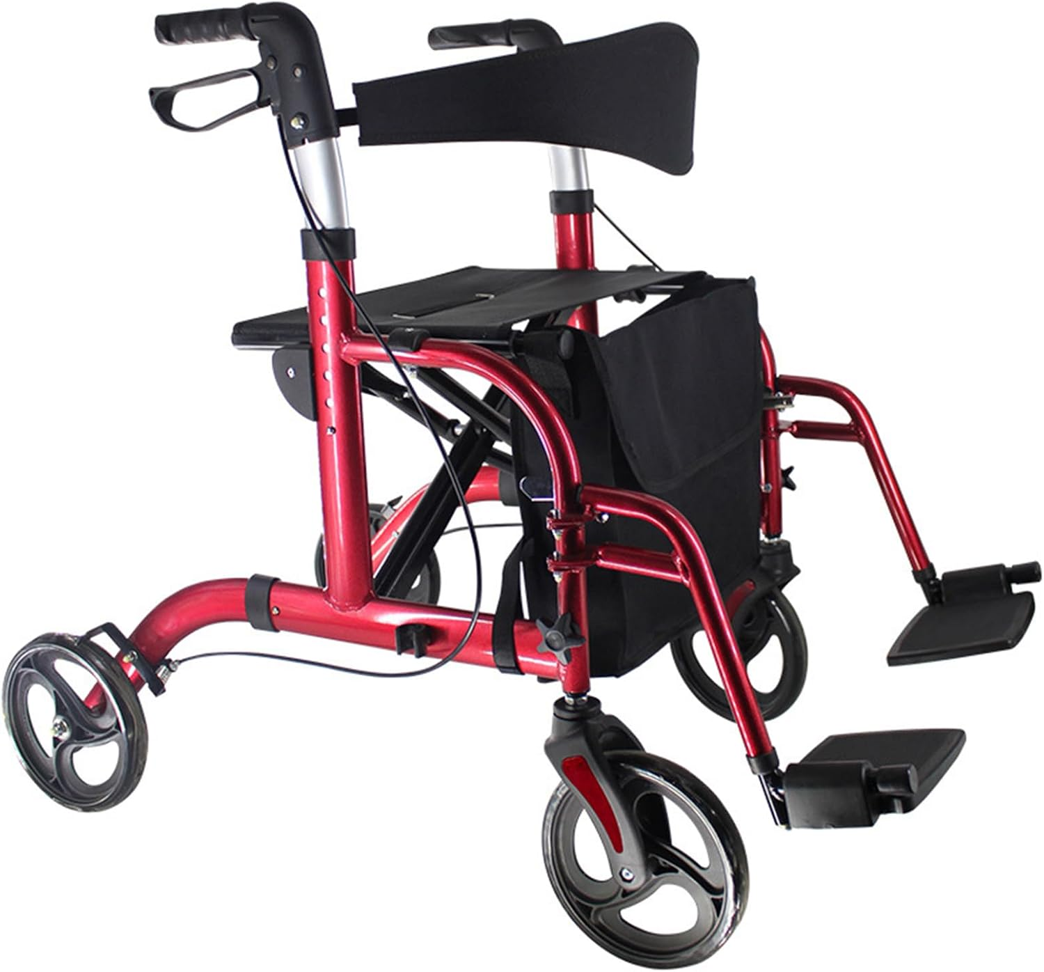 Lightweight Wheelchair & Mobility Walker &ndash; 2-In-1 Foldable Rollator with Seat, Brakes, 8" Wheels & Detachable Bag (Red) image number 2