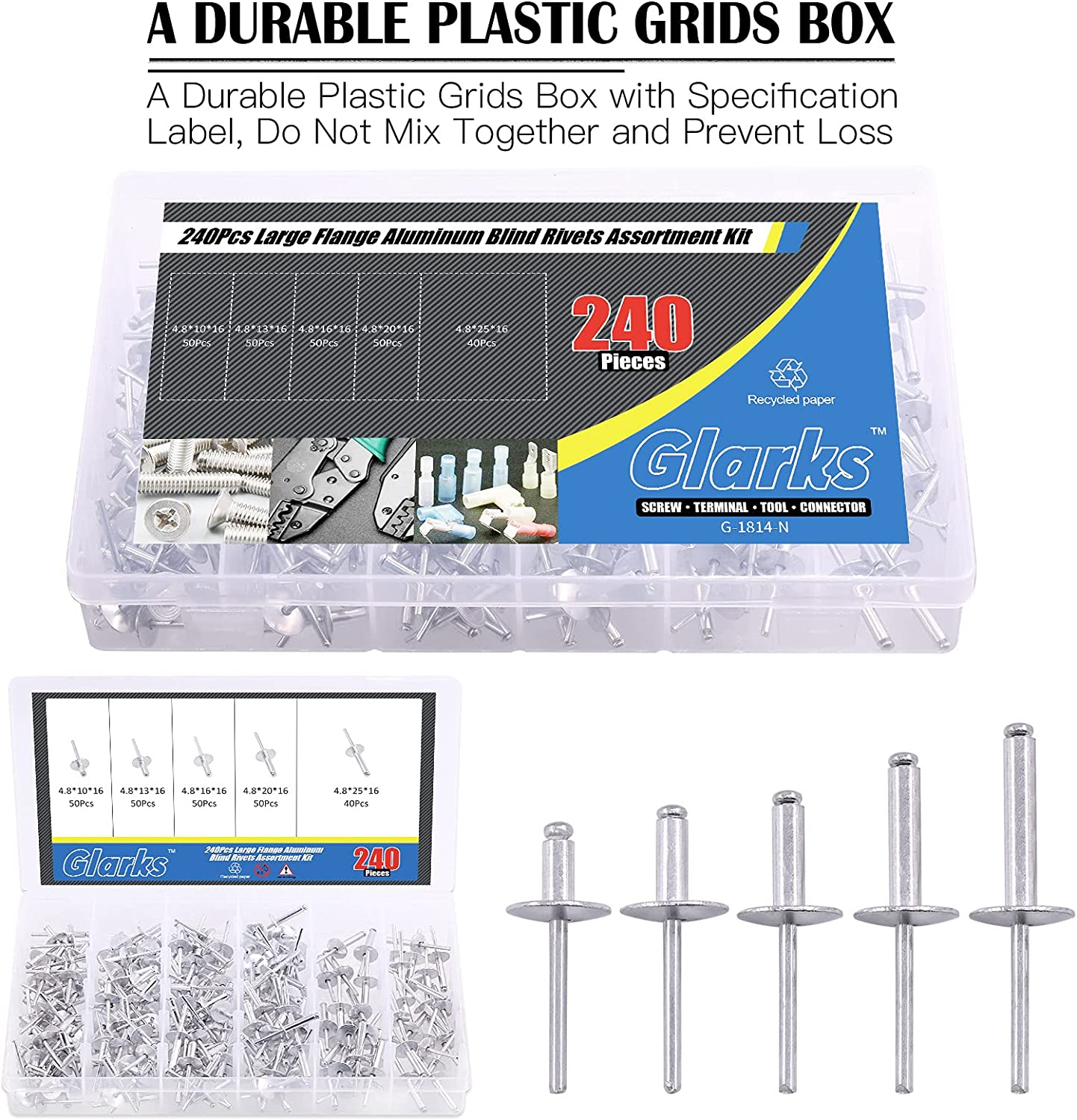 Glarks 240Pcs 3/16" X 3/8'' / 1/2'' / 5/8'' / 3/4'' / 1'' Large Flange Blind Rivets 5 Szie Aluminum Pop Rivets Assortment Set image number 2