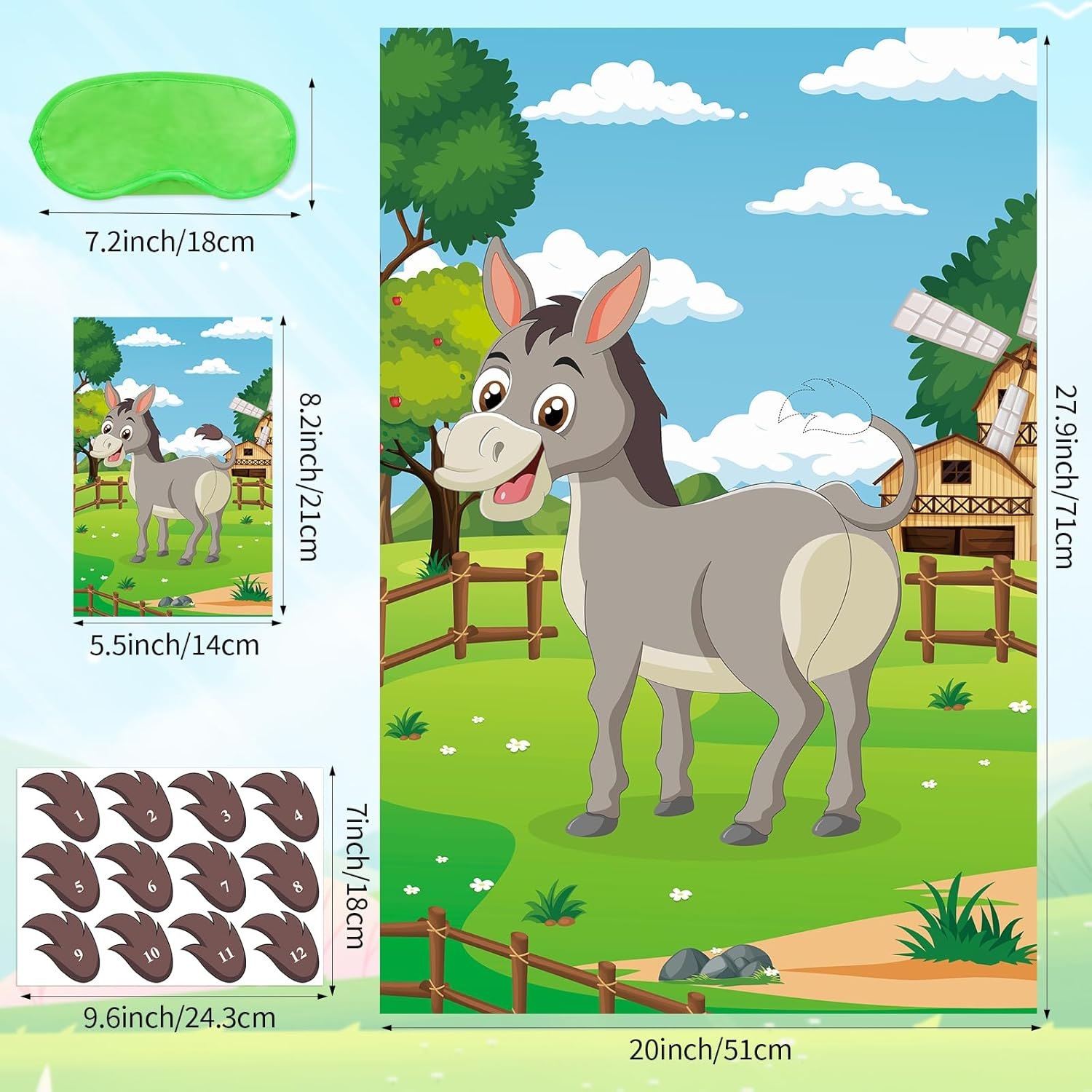 Hxezoc Pin the Tail on the Donkey Party Game with 48 Pcs Tails Large Donkey Games Poster for Kids Birthday Party Carnival Party Supplies image number 1
