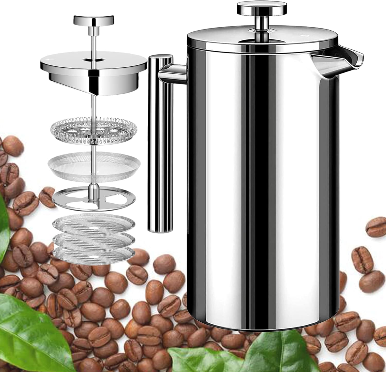 WORBIC French Press Coffee Maker, 34 Ounce Double-Wall Insulated Stainless Steel, 3 Level Filtration System with 3 Extra Filter Screens, French Press for Home, Camping and Office, Silver