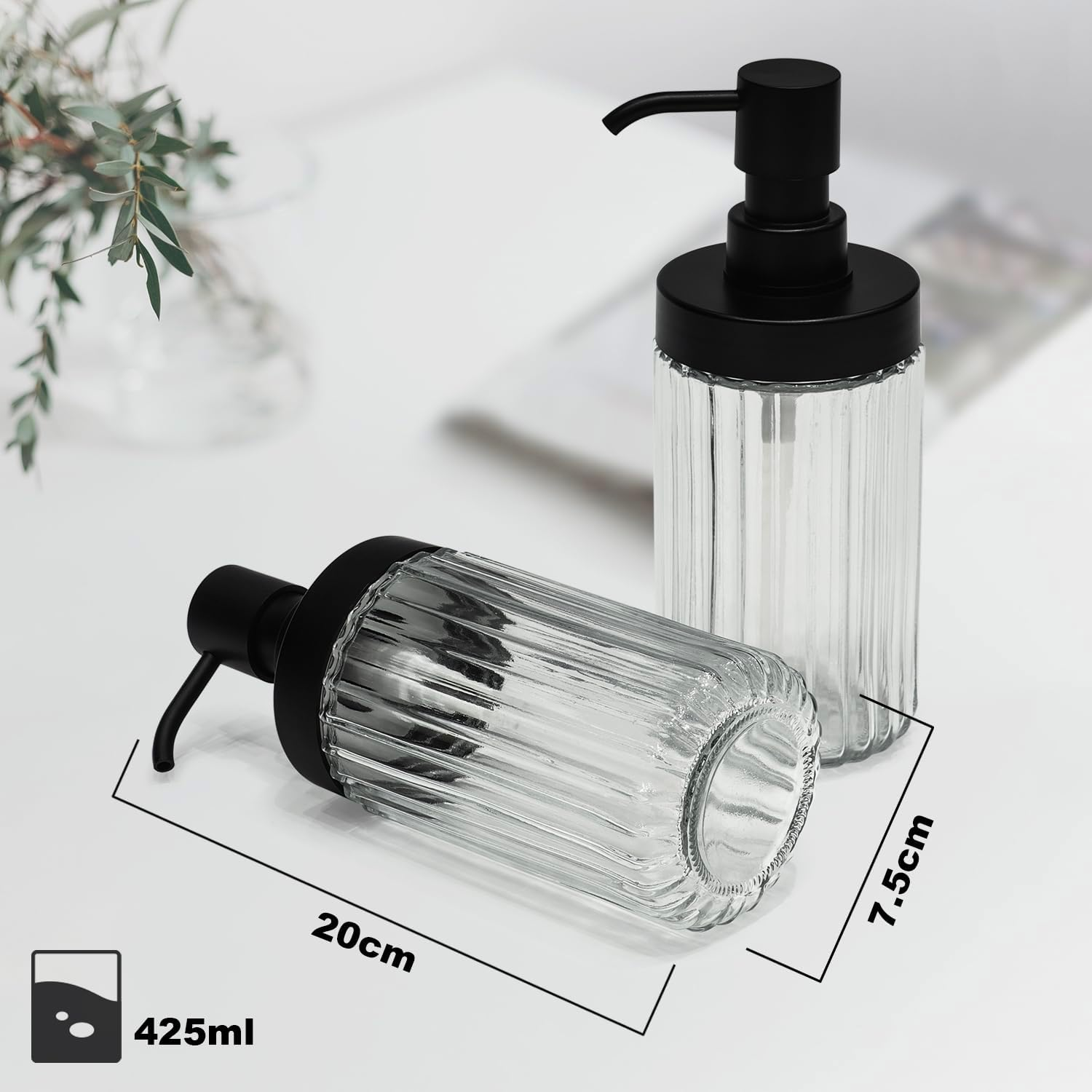 2 PCS Glass Soap Dispenser Set for Bathroom & Kitchen Sink Refillable Liquid Soap Bottle with Squeeze Pump for Hand Dish Soap, Shower Gel, Shampoo and Conditioner-425Ml - Transparent image number 2