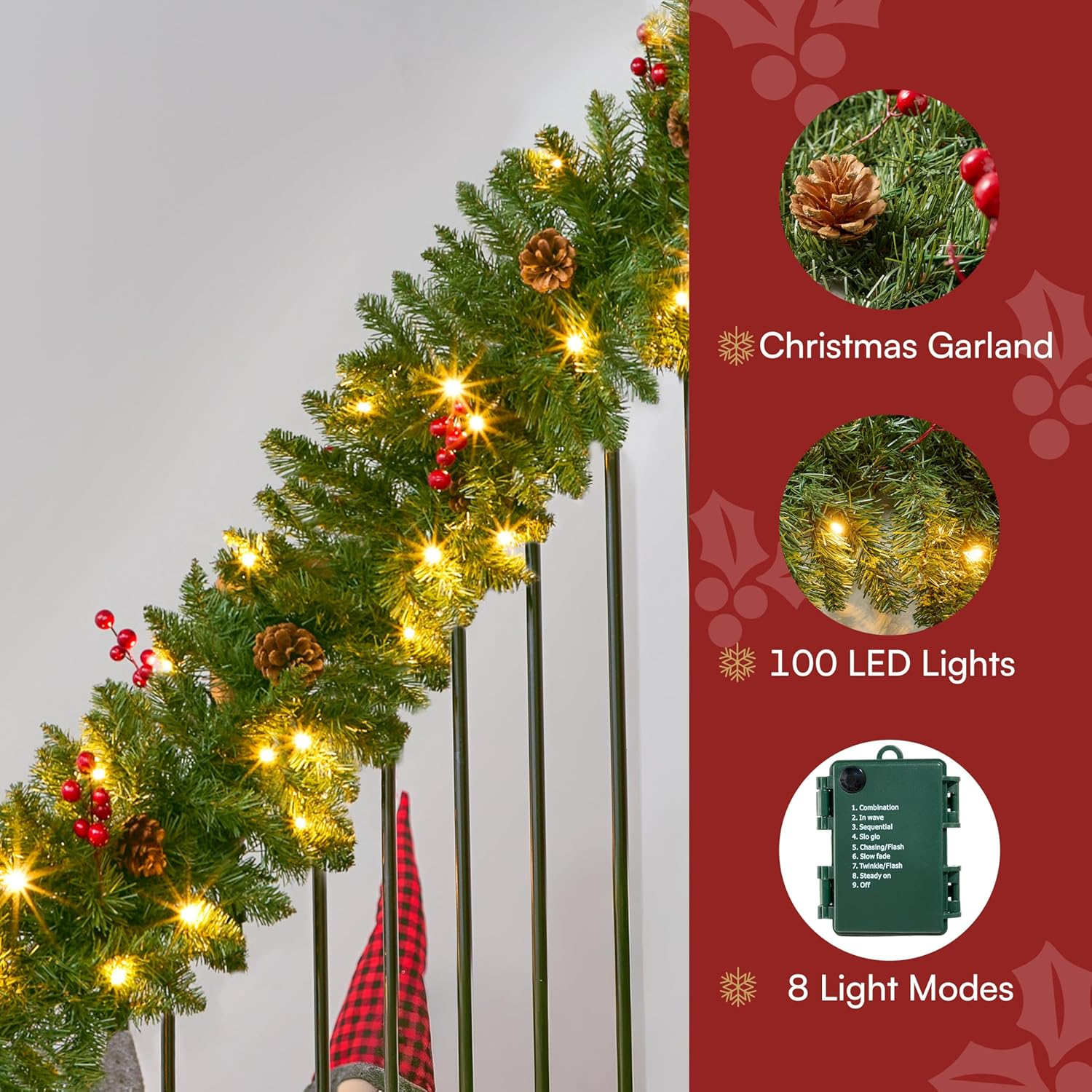 Joiedomi 9Ft Artificial Christmas Garland Prelit with 100 LED Lights, 27 Pine Cones, 27 Red Berries for Home & Office Christmas Decorations (Battery Powered, Batteries Not Included) image number 4