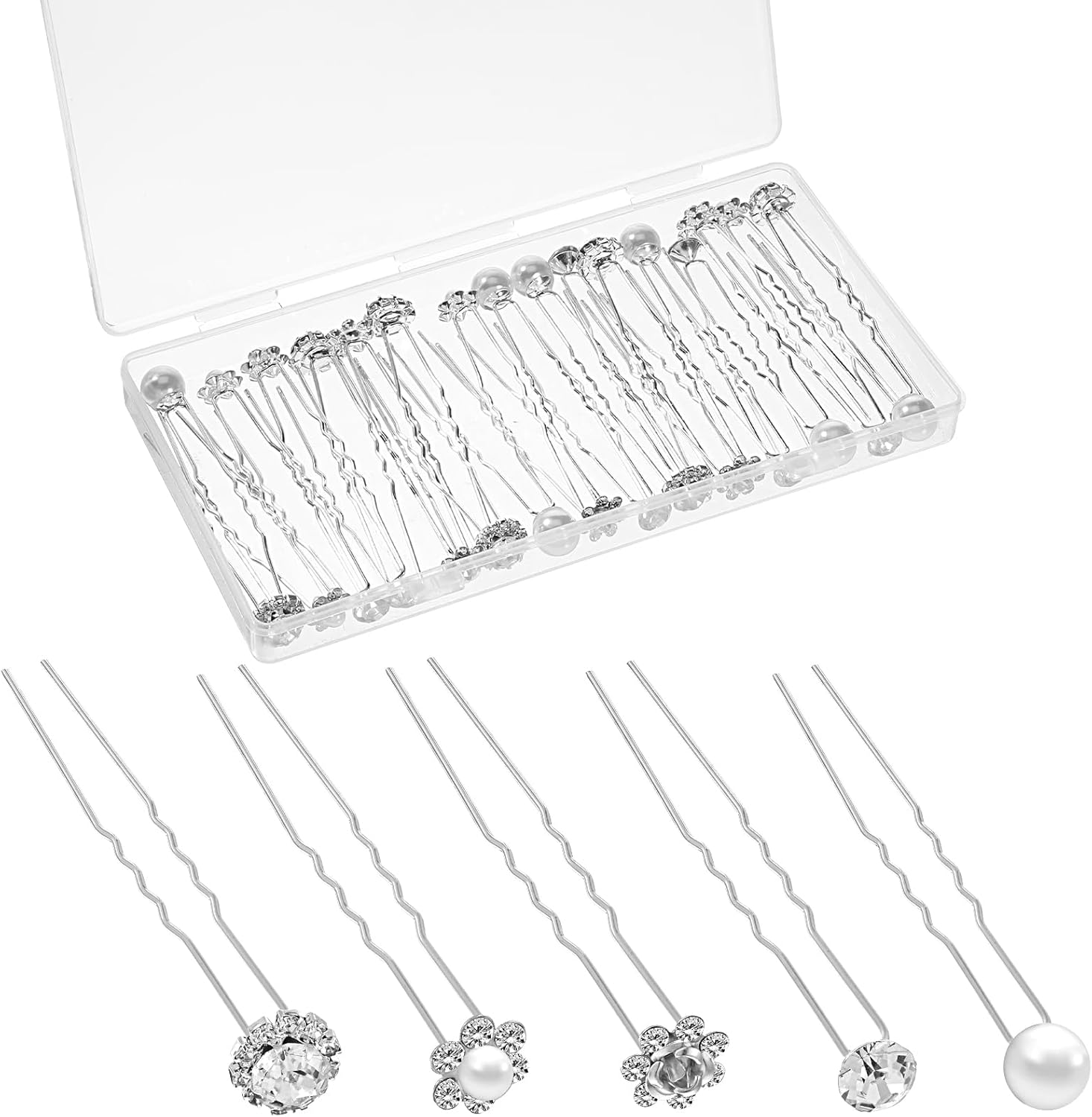 Pack of 40 Wedding Pearl Hair Pins for Bride, Hair Pins with Pearls, U-Shaped Hair Accessories, Bridal Silver Rhinestone Beads, Hair Accessories for Wedding, Prom, Party, Girls, Bridesmaid image number 2