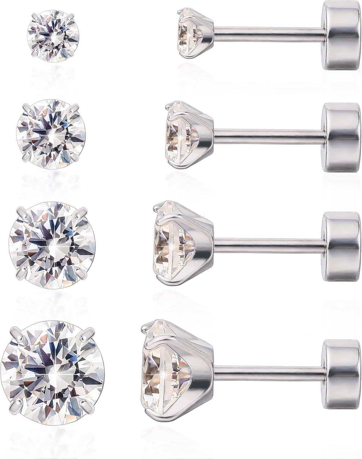 Limerencia F136 Hypoallergenic Titanium Earrings 20G CZ Studs Set, Flat Back Earrings Cartilage Helix G23 Piercing Post of 4 Pairs 3-6Mm Screw Back Earrings for Women Girls - Rainbow Quartz Cz image number 6